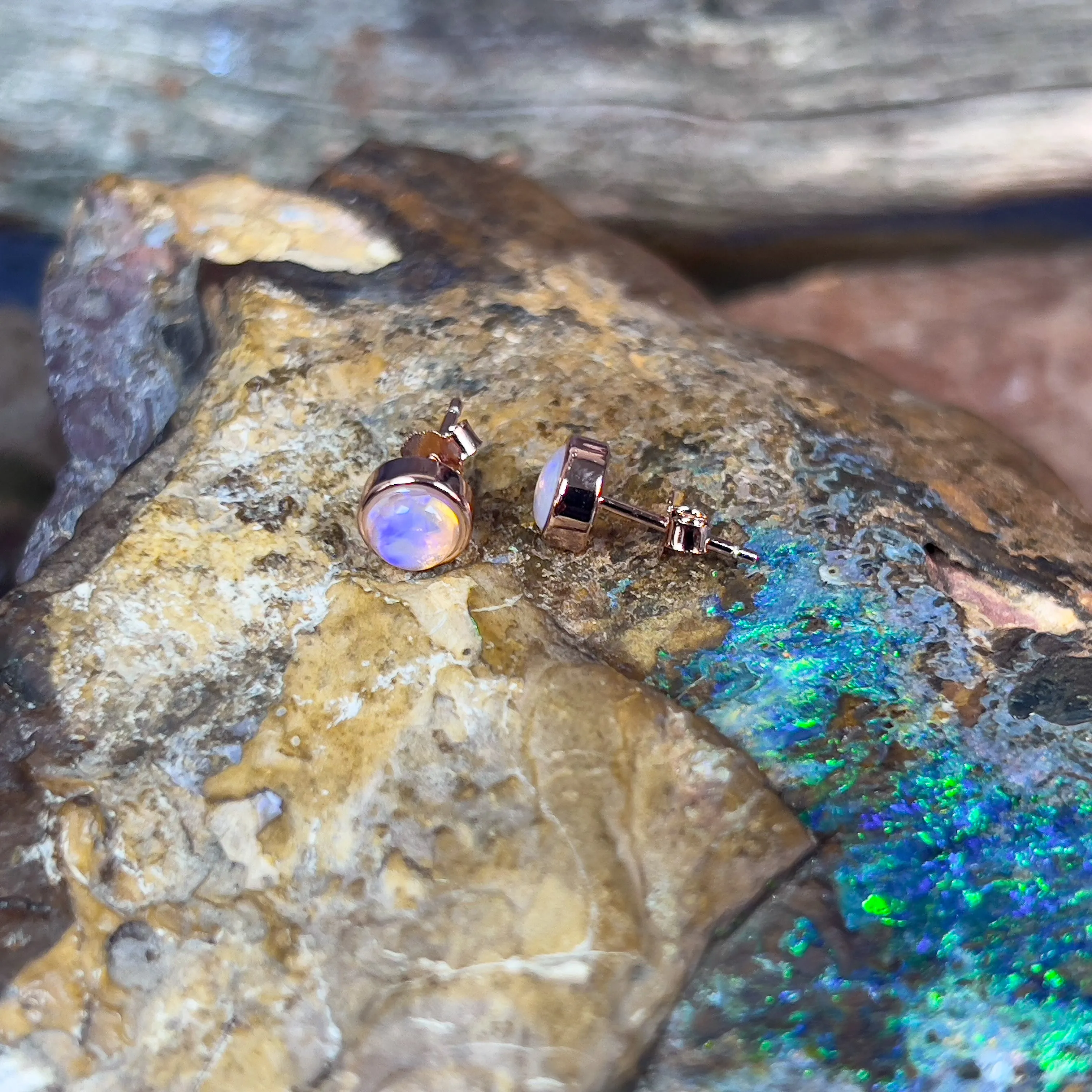 Silver Rose Gold plated 5mm Round Light Opal studs bezel set