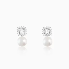 Silver Studded Drop Pearl Stud Earrings
