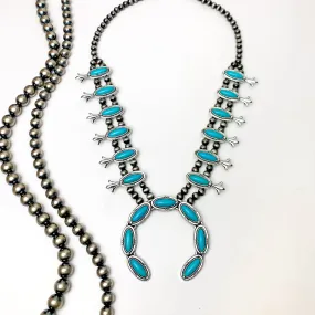 Silver Tone Pearl Squash Blossom Necklace With Stones in Turquoise