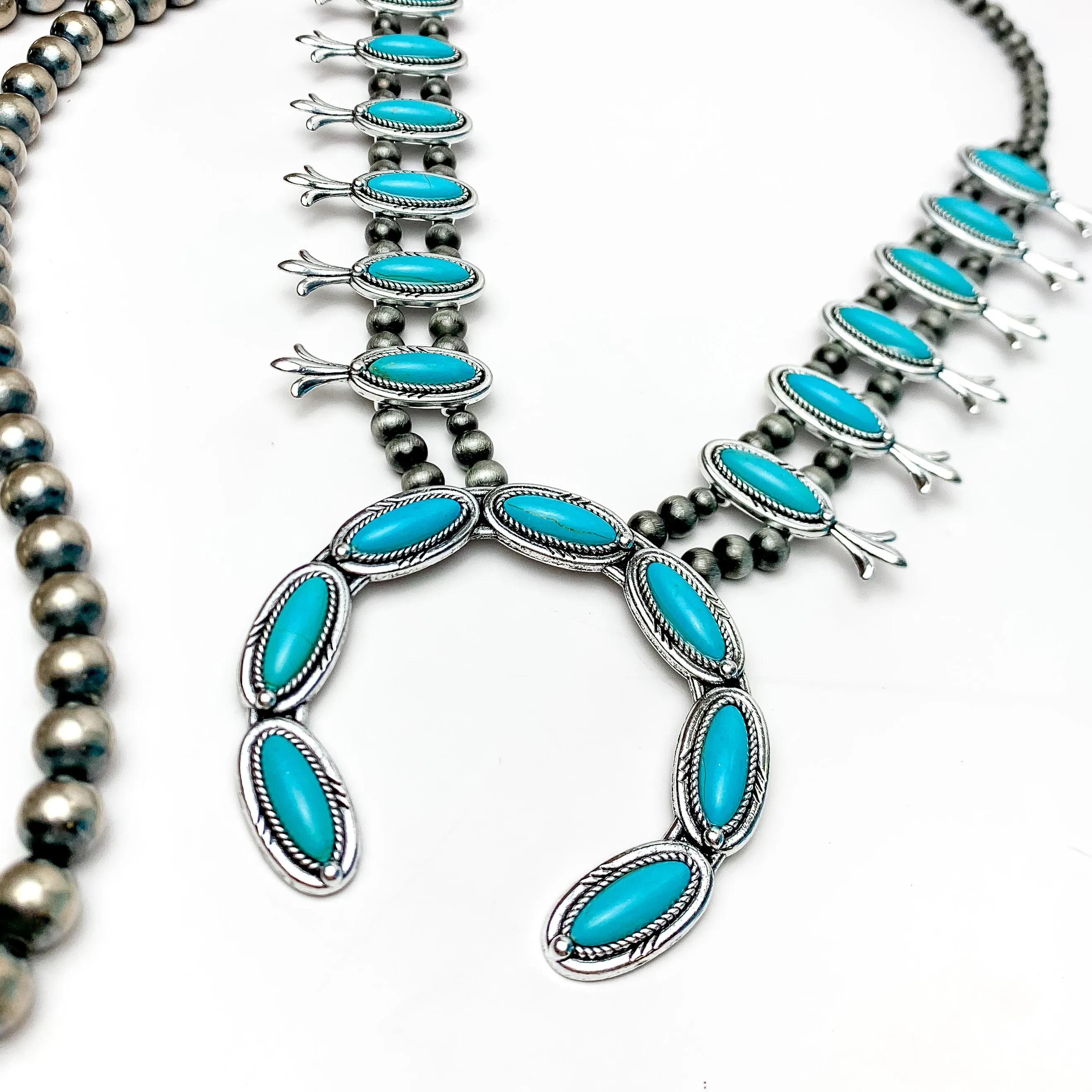 Silver Tone Pearl Squash Blossom Necklace With Stones in Turquoise