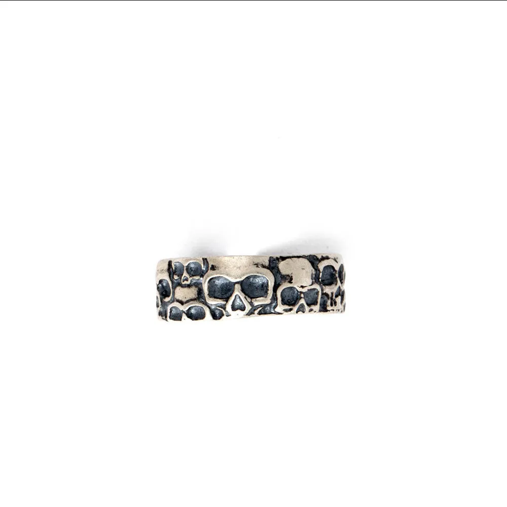 SOLID 925 STERLING SILVER AGED 5mm GOTHIC 3d SKULL HEADS BAND RING