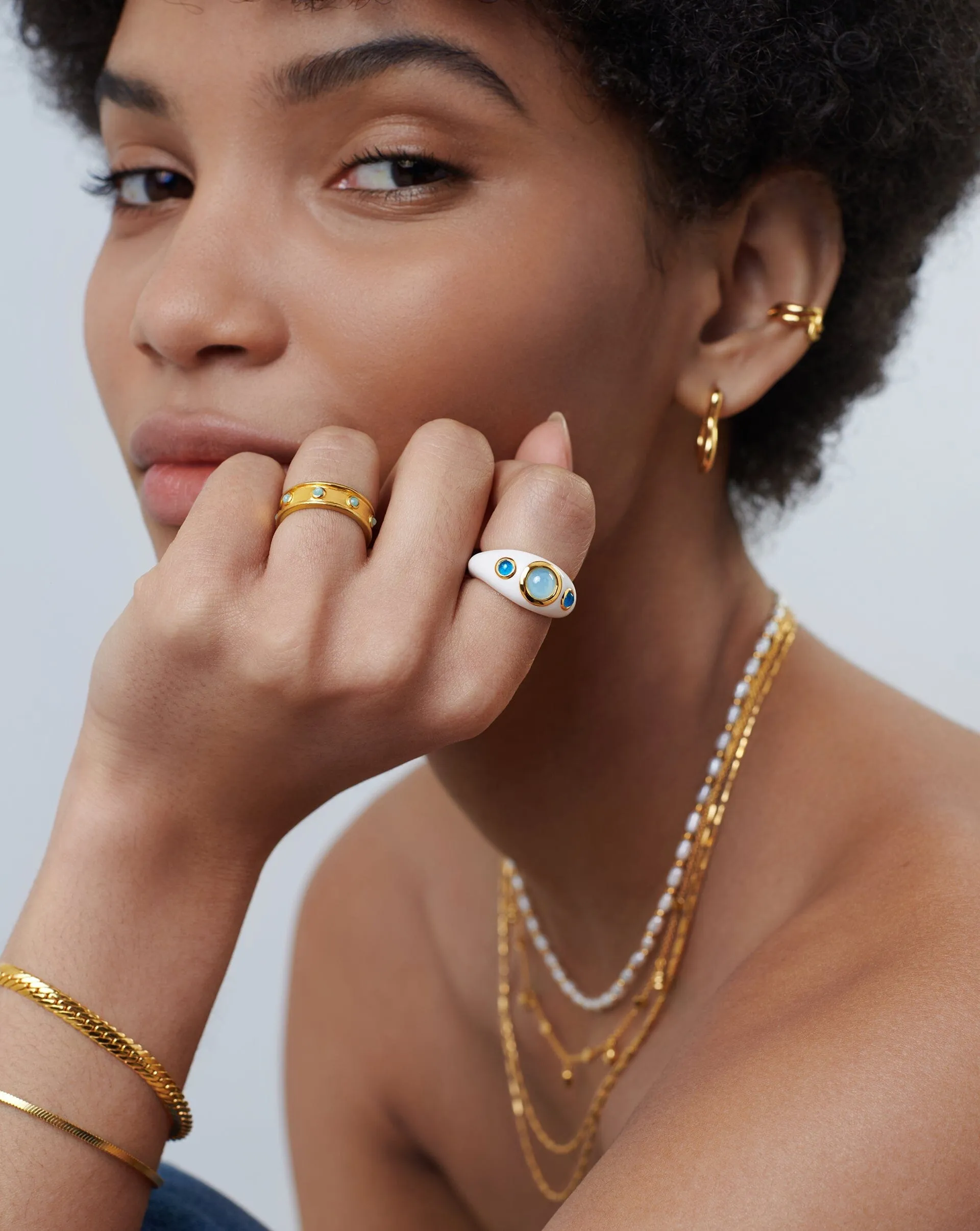 Squiggle Gemstone Enamel Statement Ring | 18ct Gold Plated/Aqua Chalcedony & Blue Quartz