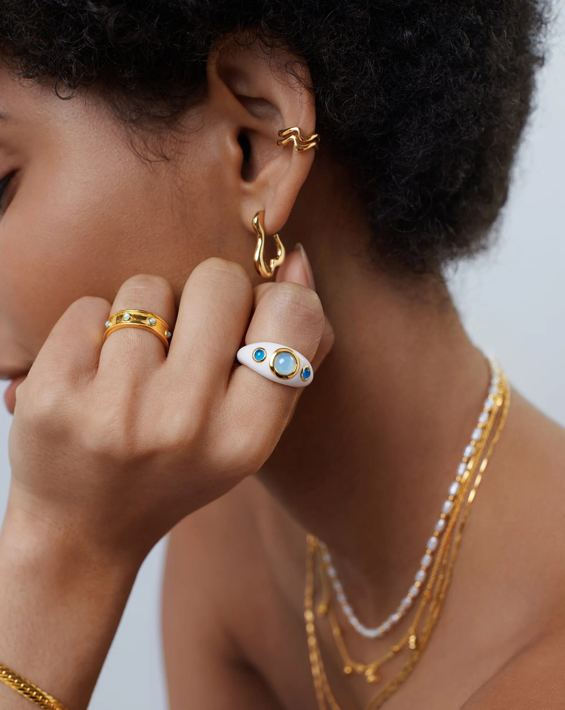 Squiggle Gemstone Enamel Statement Ring | 18ct Gold Plated/Aqua Chalcedony & Blue Quartz
