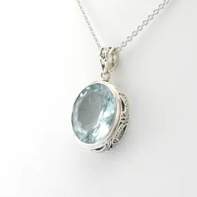 Sterling Silver Aquamarine 12x26mm Oval Bali Pendant
