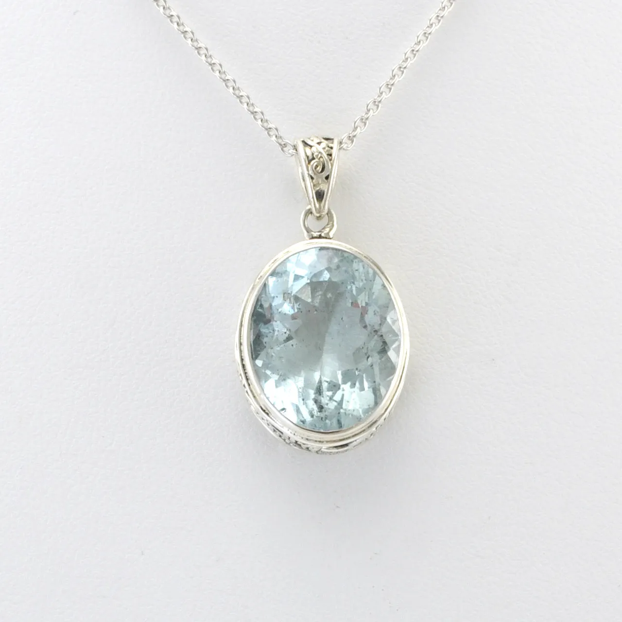 Sterling Silver Aquamarine 12x26mm Oval Bali Pendant