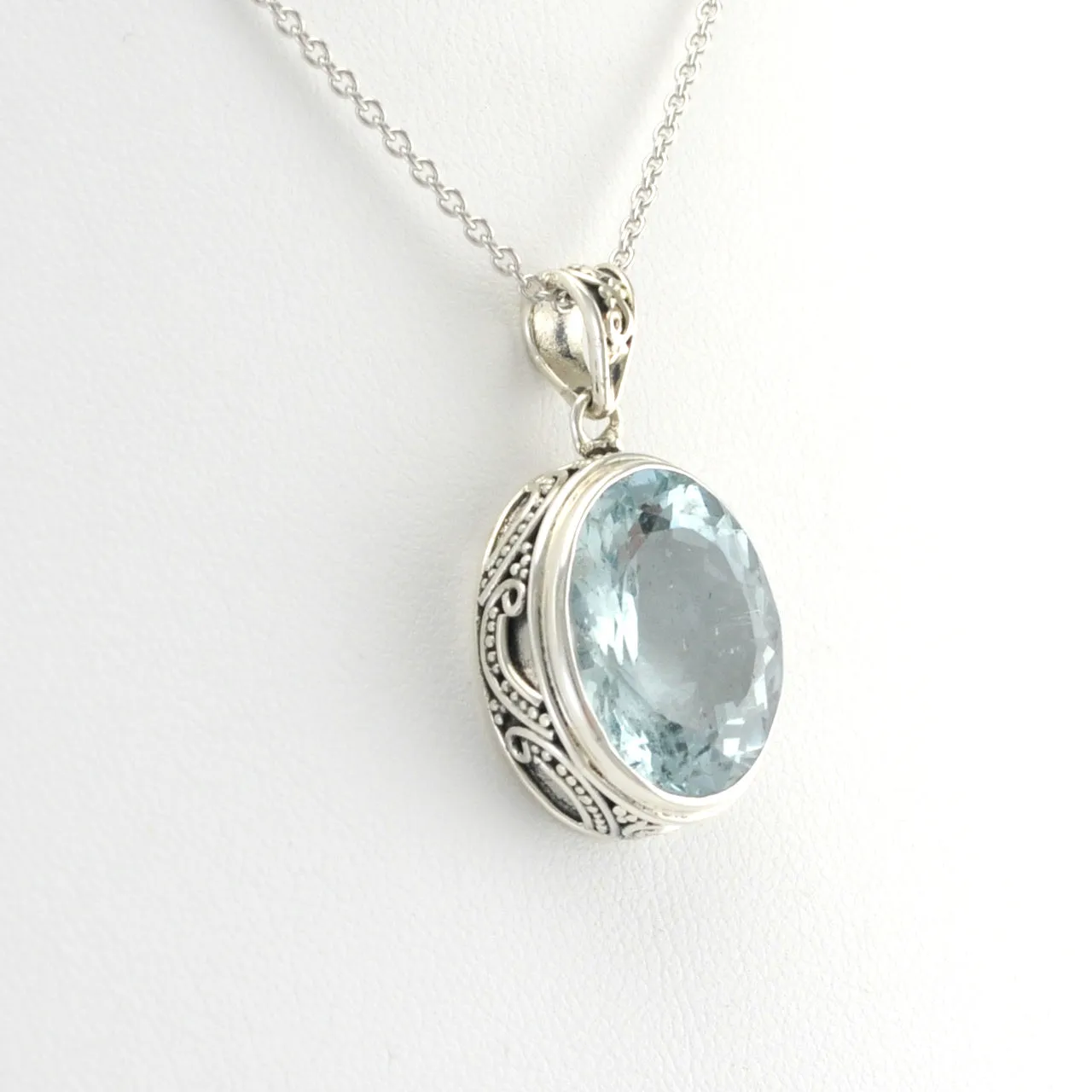 Sterling Silver Aquamarine 12x26mm Oval Bali Pendant