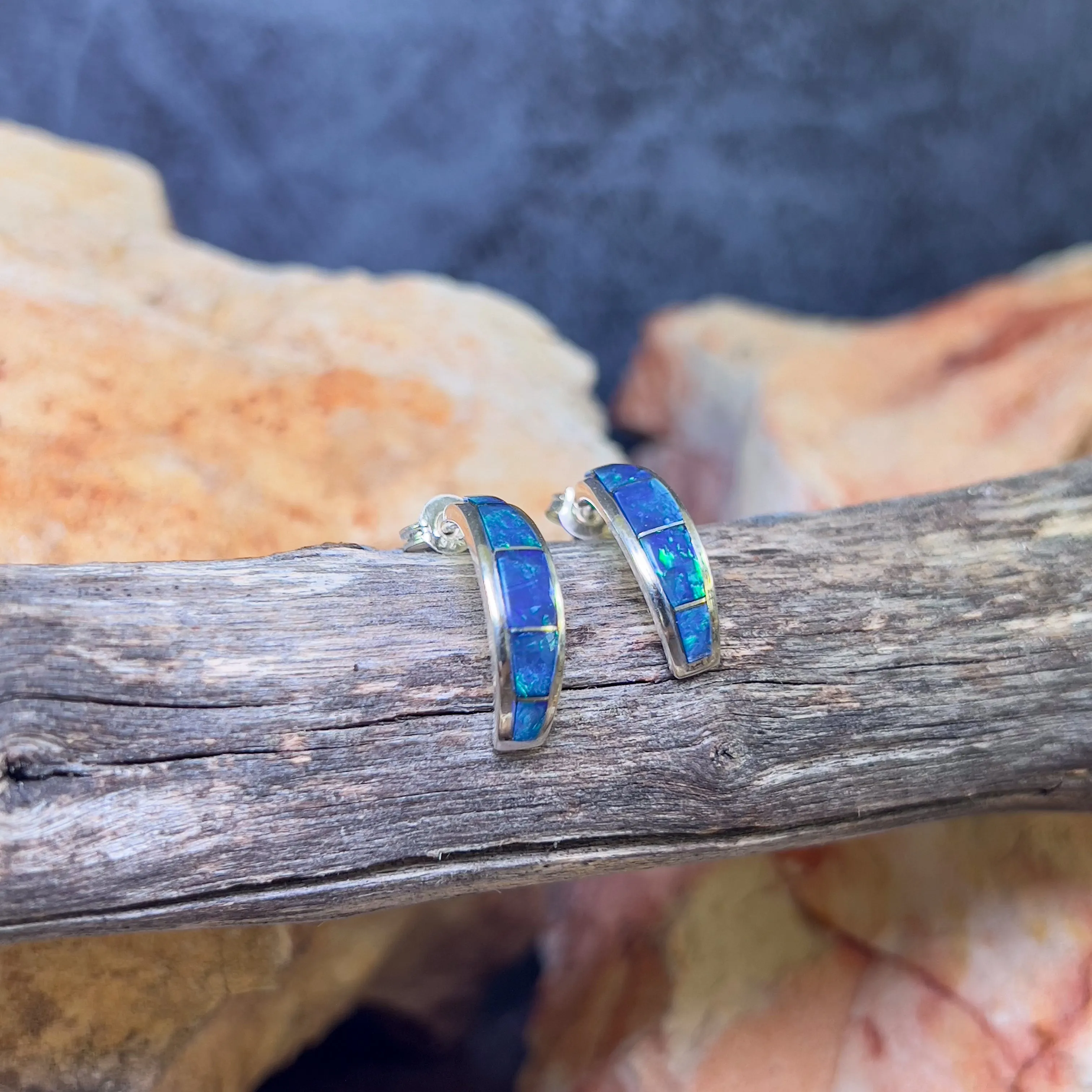 Sterling Silver Blue Green Opal hoop inlay earrings
