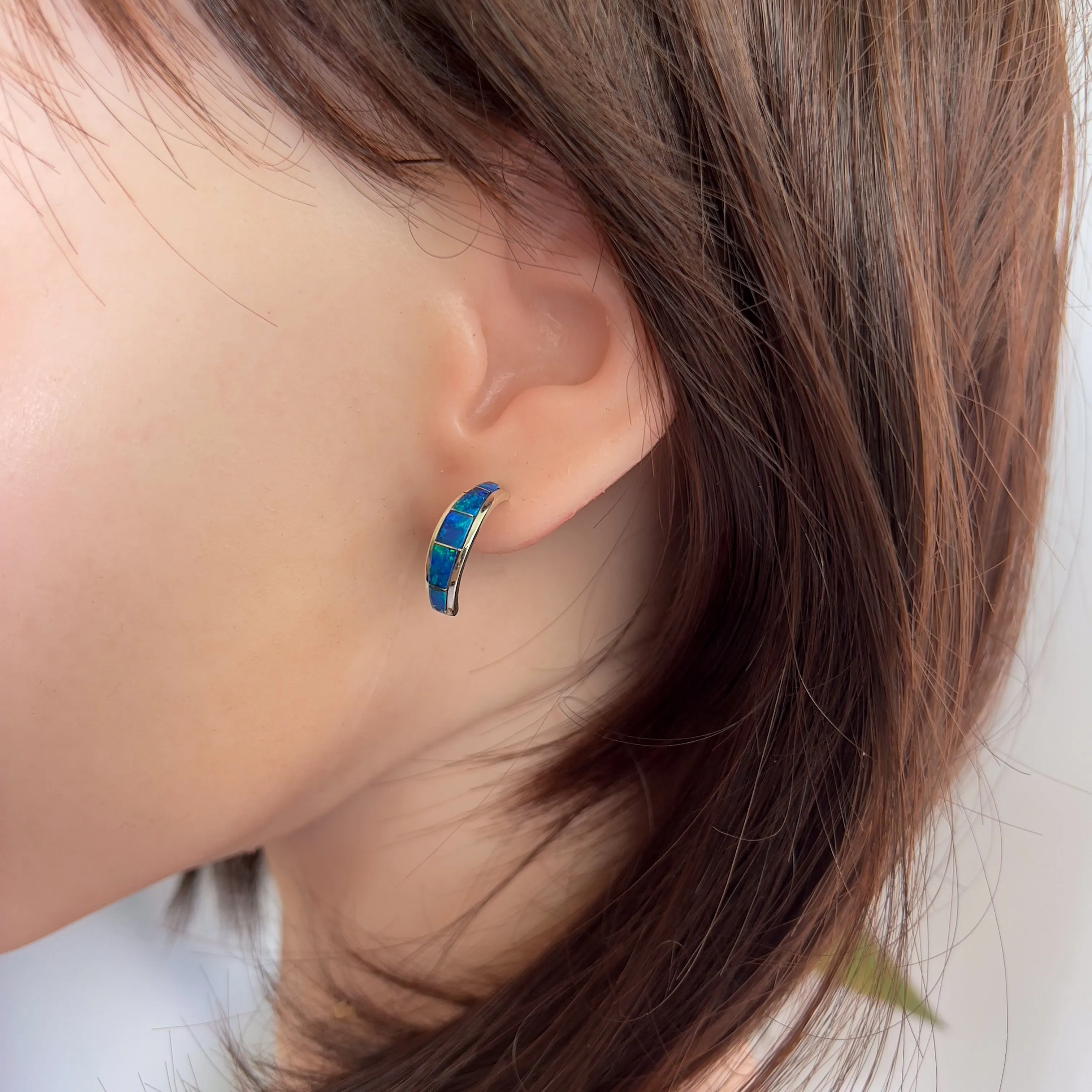 Sterling Silver Blue Green Opal hoop inlay earrings