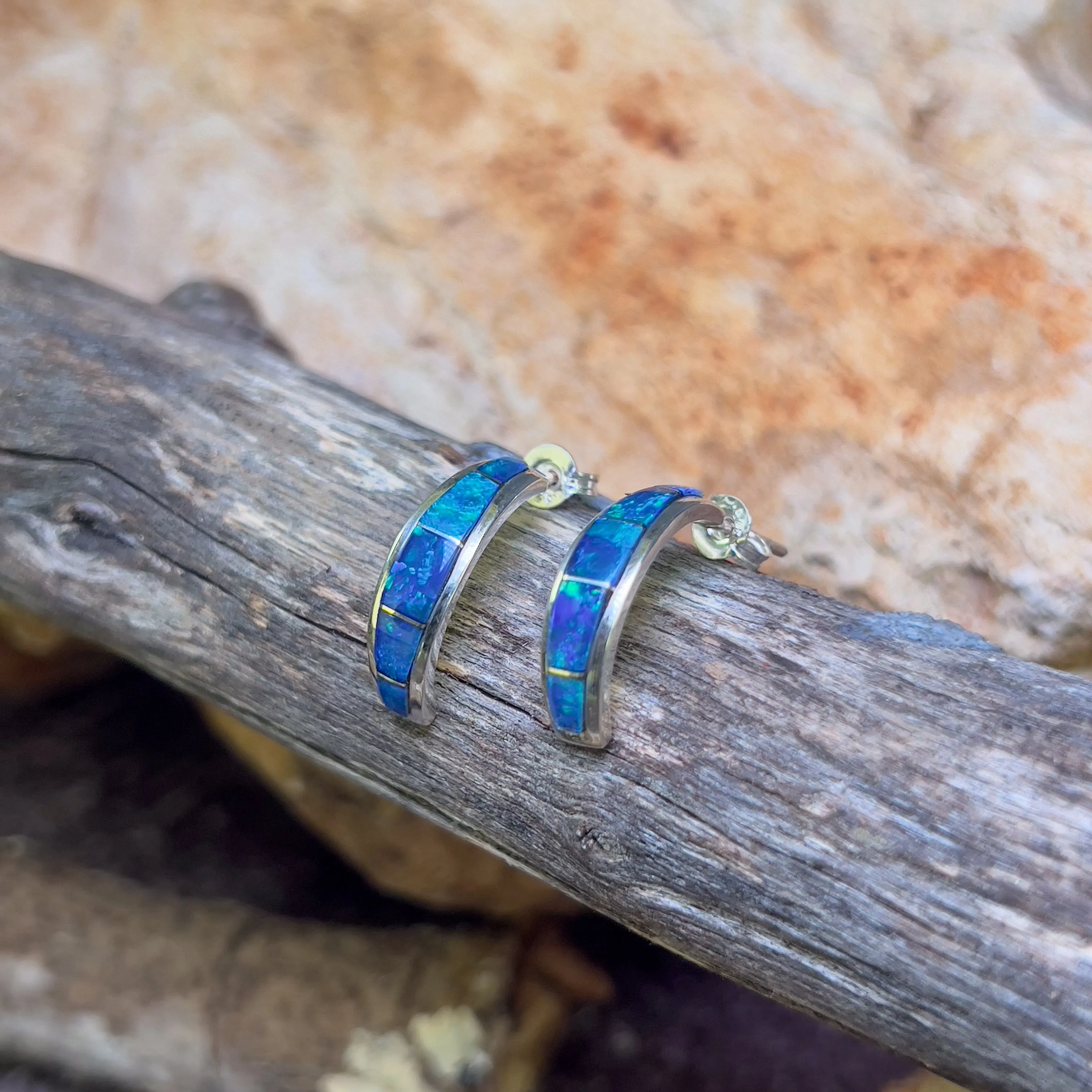 Sterling Silver Blue Green Opal hoop inlay earrings
