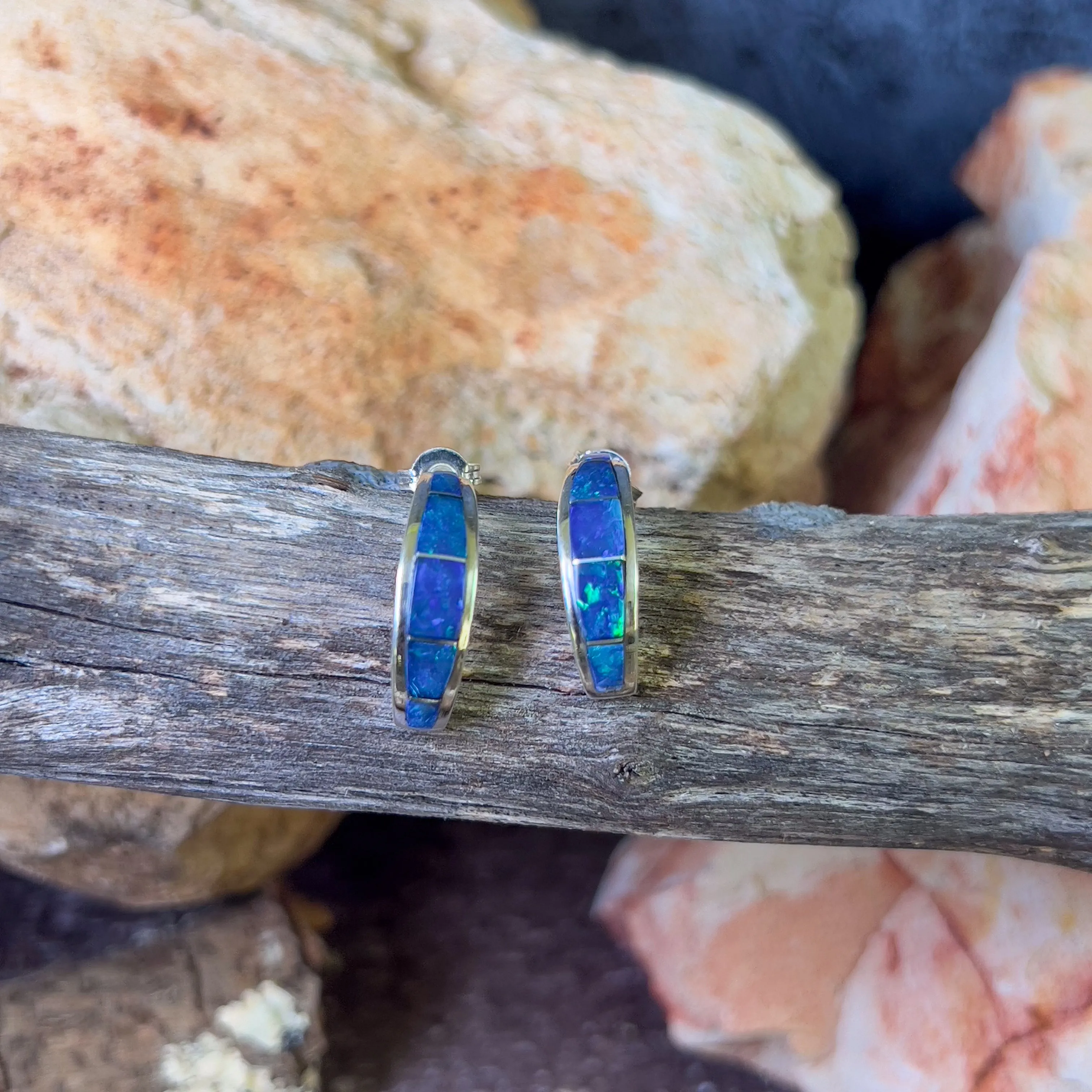 Sterling Silver Blue Green Opal hoop inlay earrings