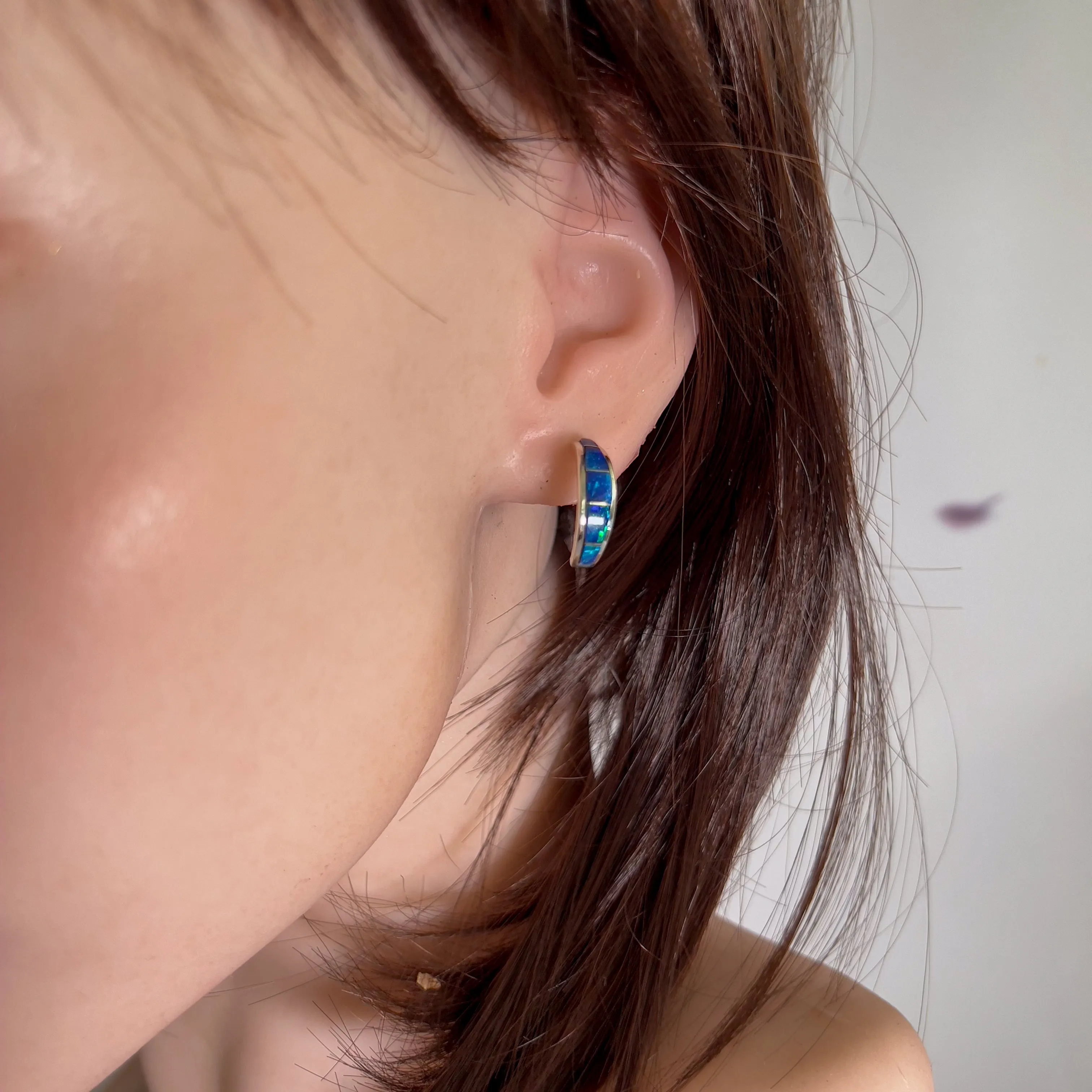 Sterling Silver Blue Green Opal hoop inlay earrings