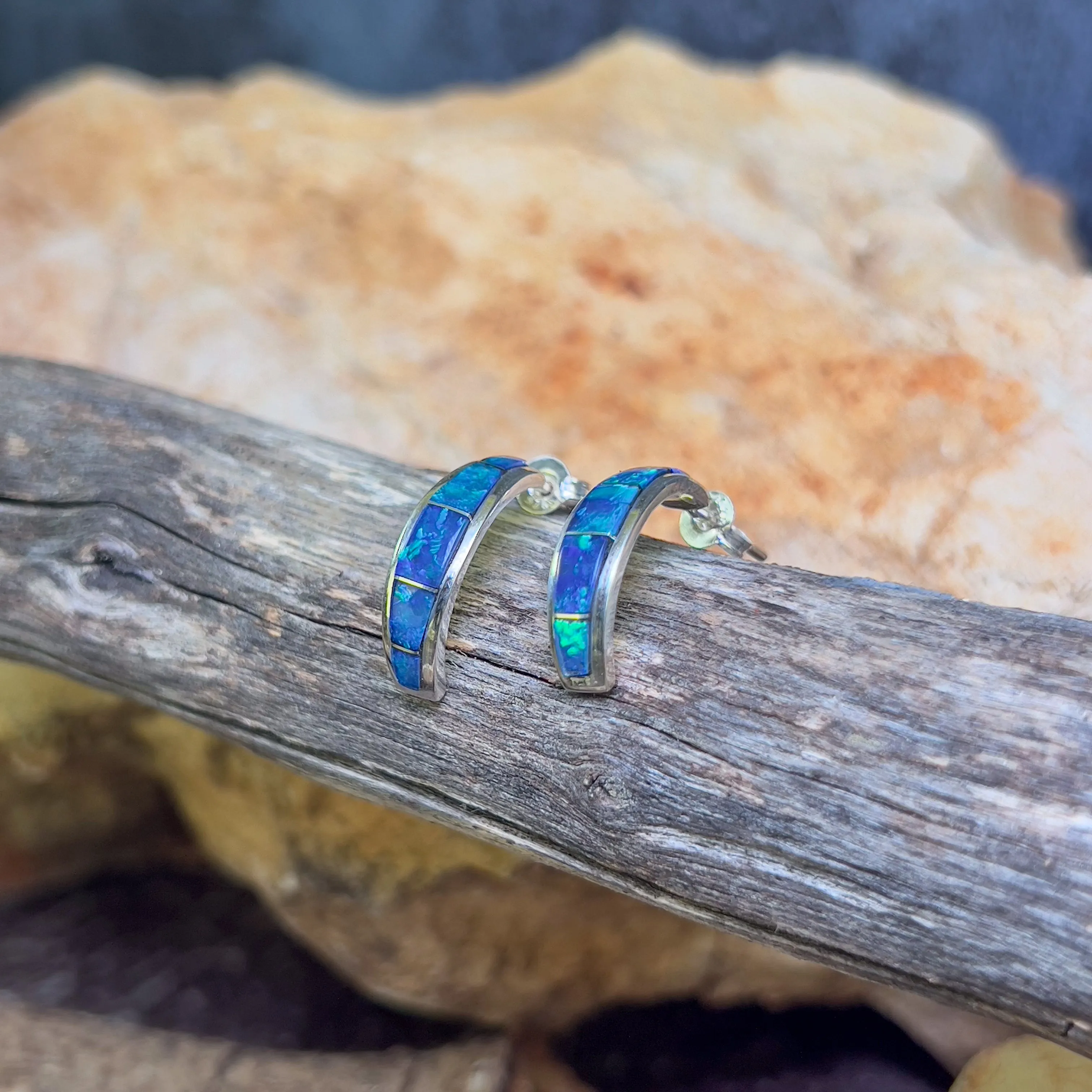 Sterling Silver Blue Green Opal hoop inlay earrings