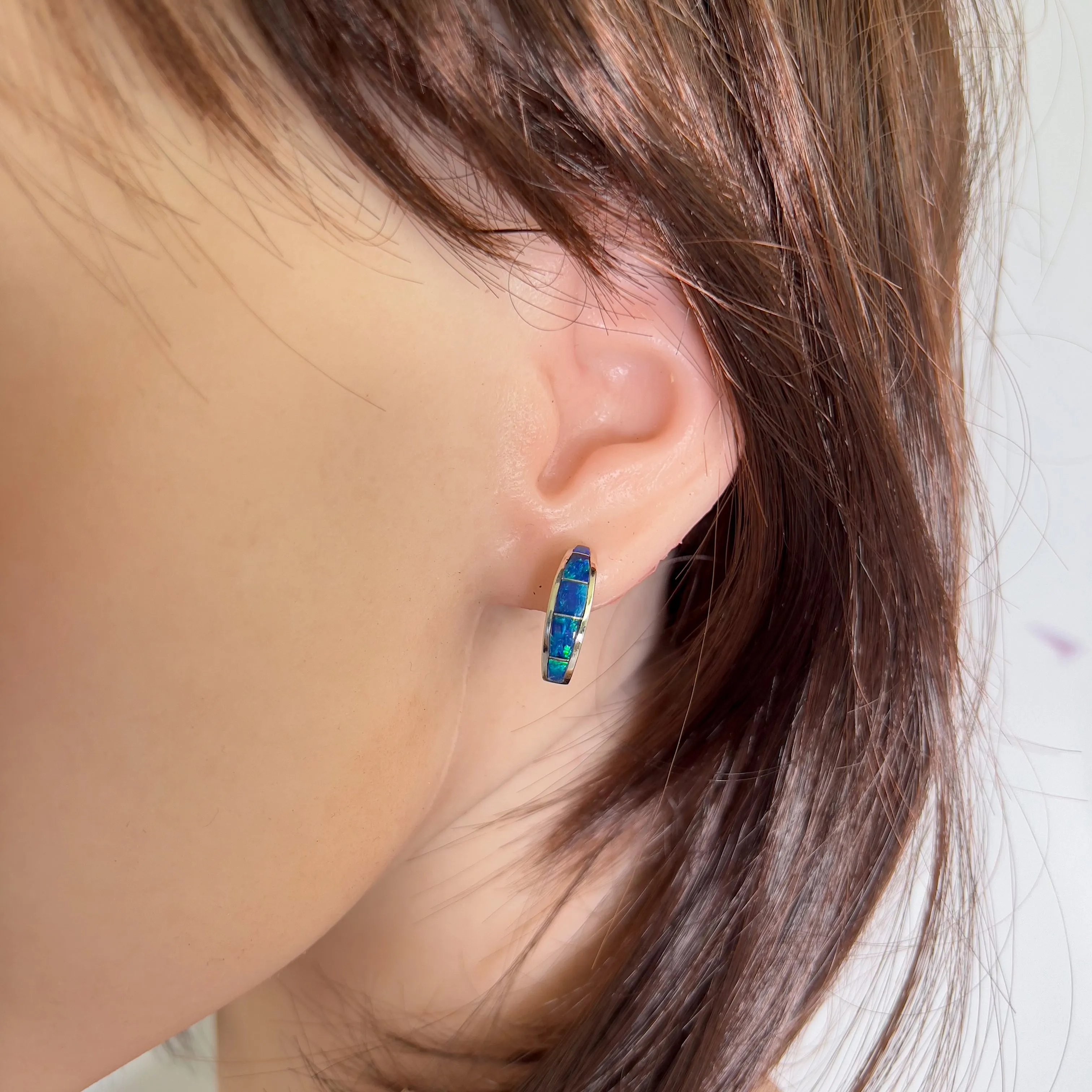 Sterling Silver Blue Green Opal hoop inlay earrings
