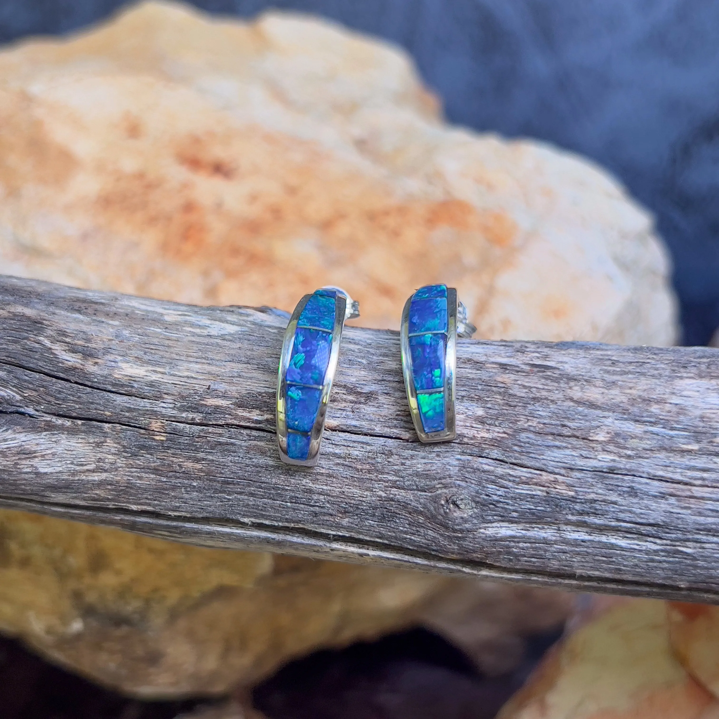 Sterling Silver Blue Green Opal hoop inlay earrings