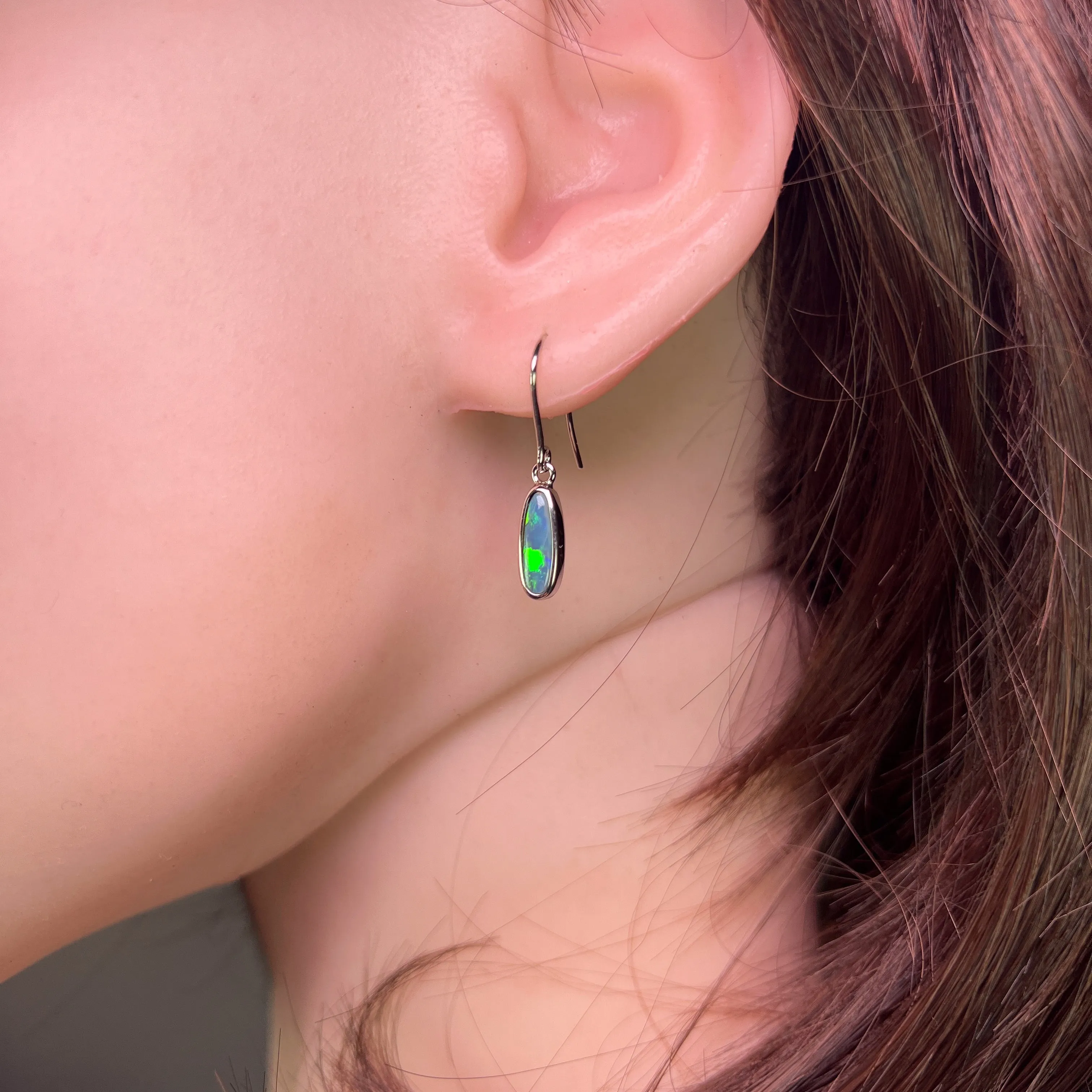 Sterling Silver dangling Black Opal Green Oval earrings