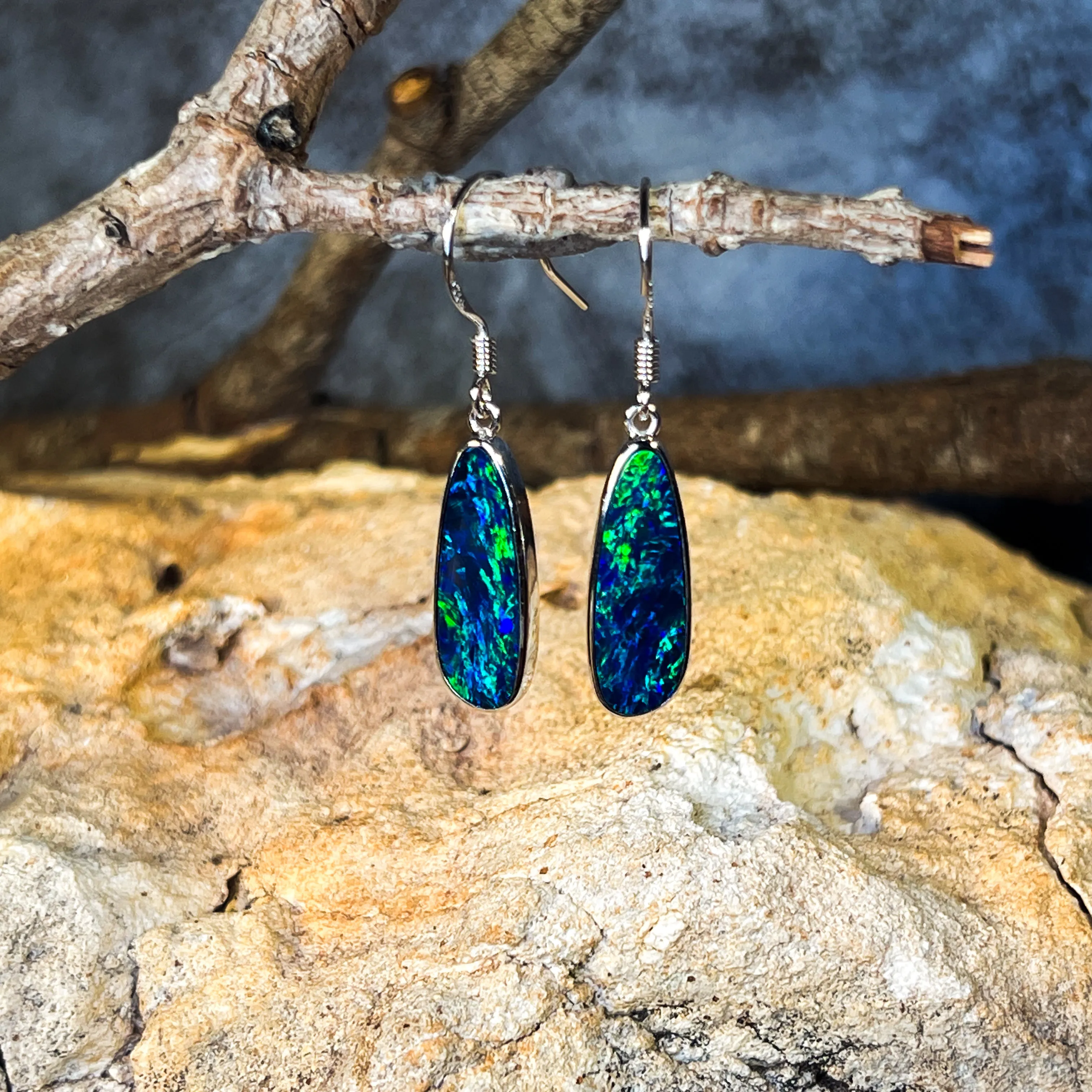 Sterling Silver dangling Blue Green Pear shape earrings