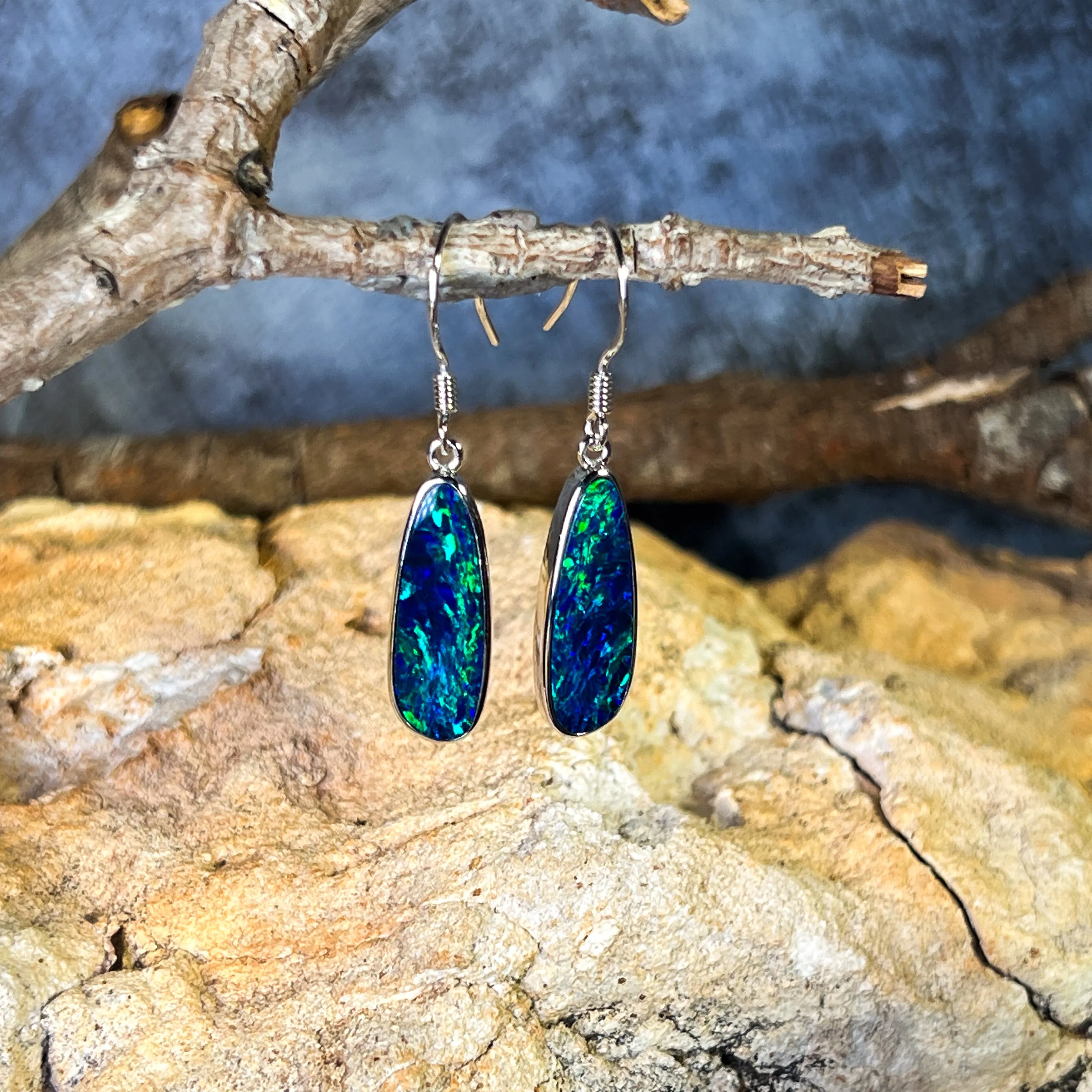 Sterling Silver dangling Blue Green Pear shape earrings