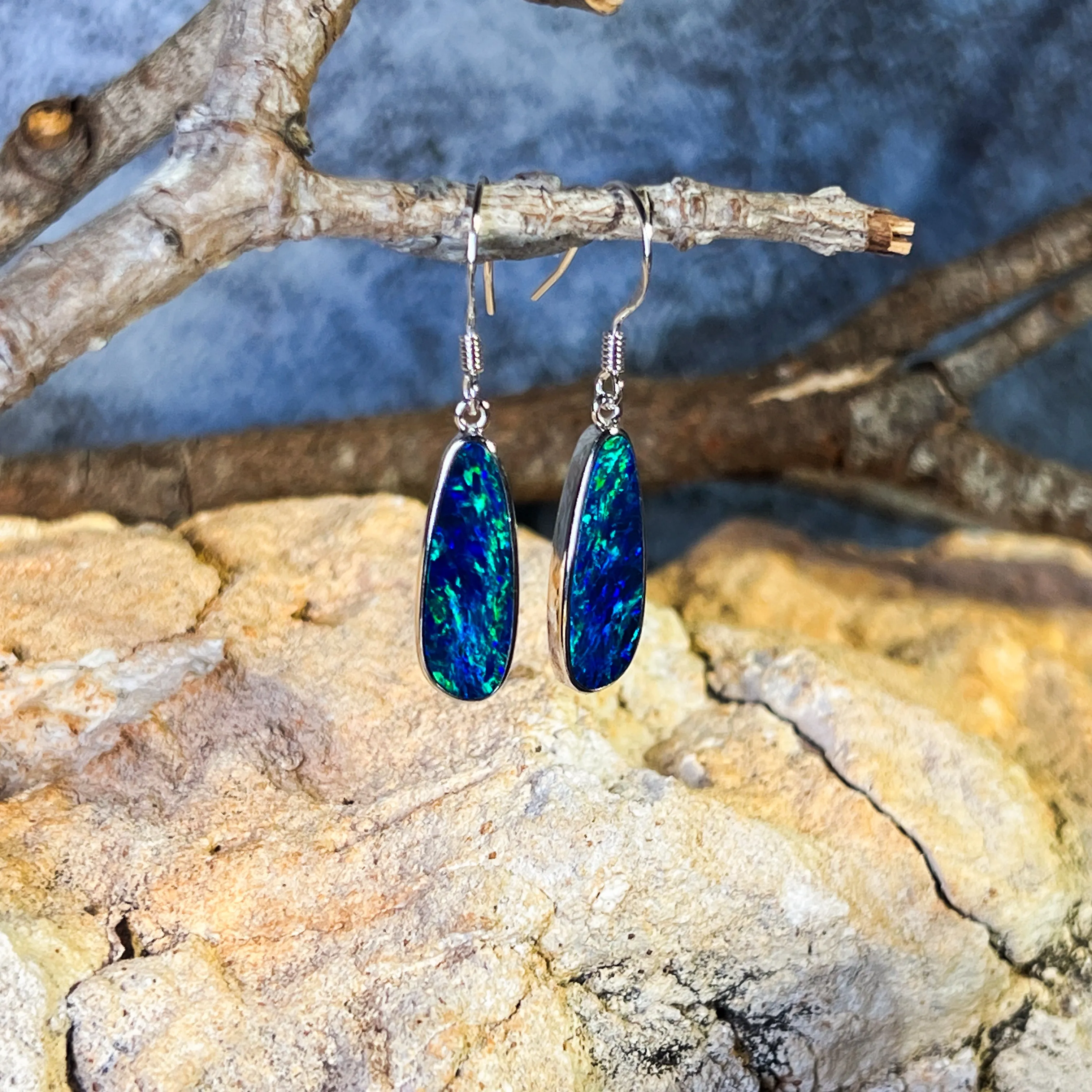 Sterling Silver dangling Blue Green Pear shape earrings
