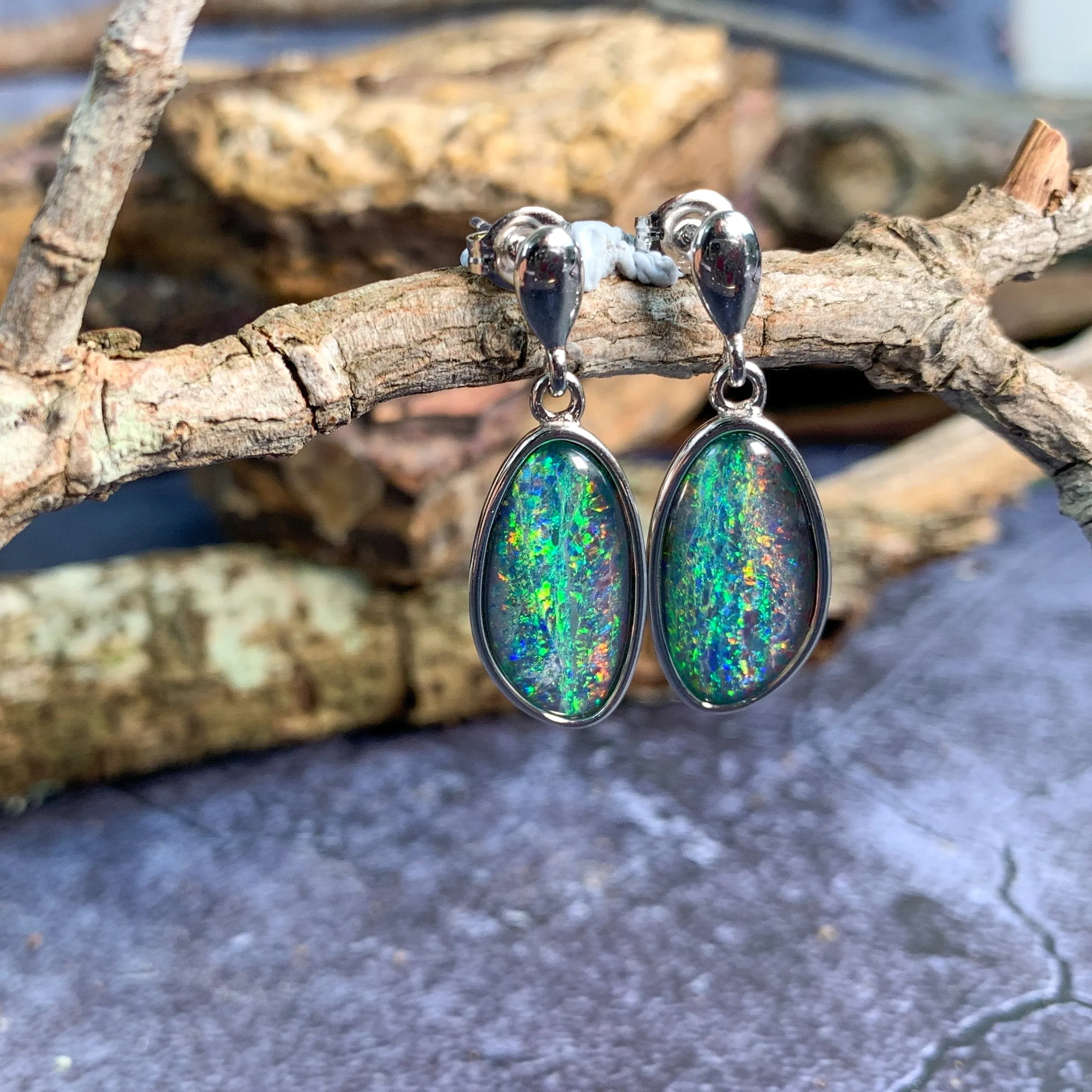 Sterling Silver dangling freeform Opal triplet earrings