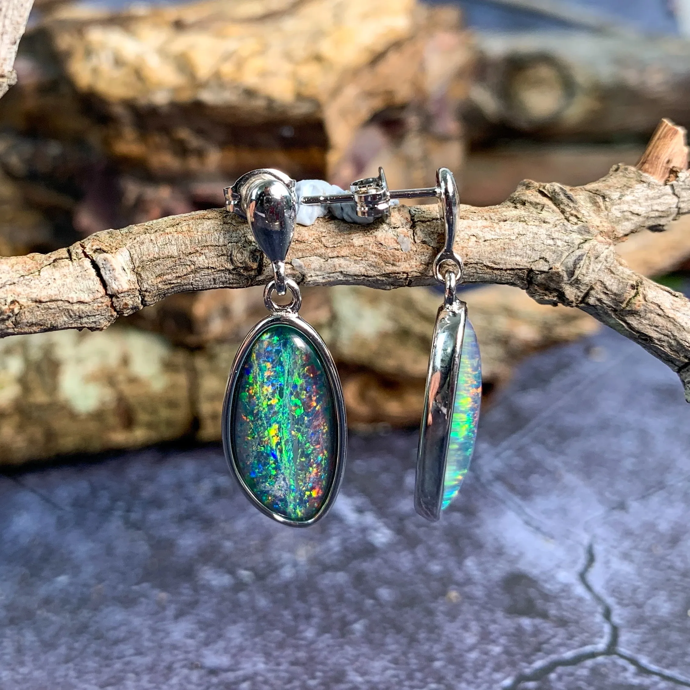 Sterling Silver dangling freeform Opal triplet earrings
