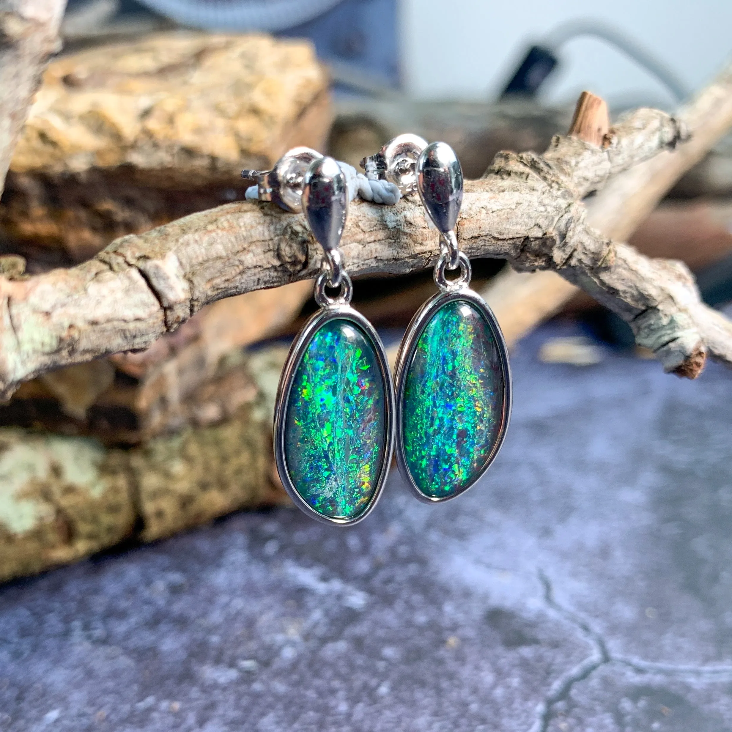Sterling Silver dangling freeform Opal triplet earrings