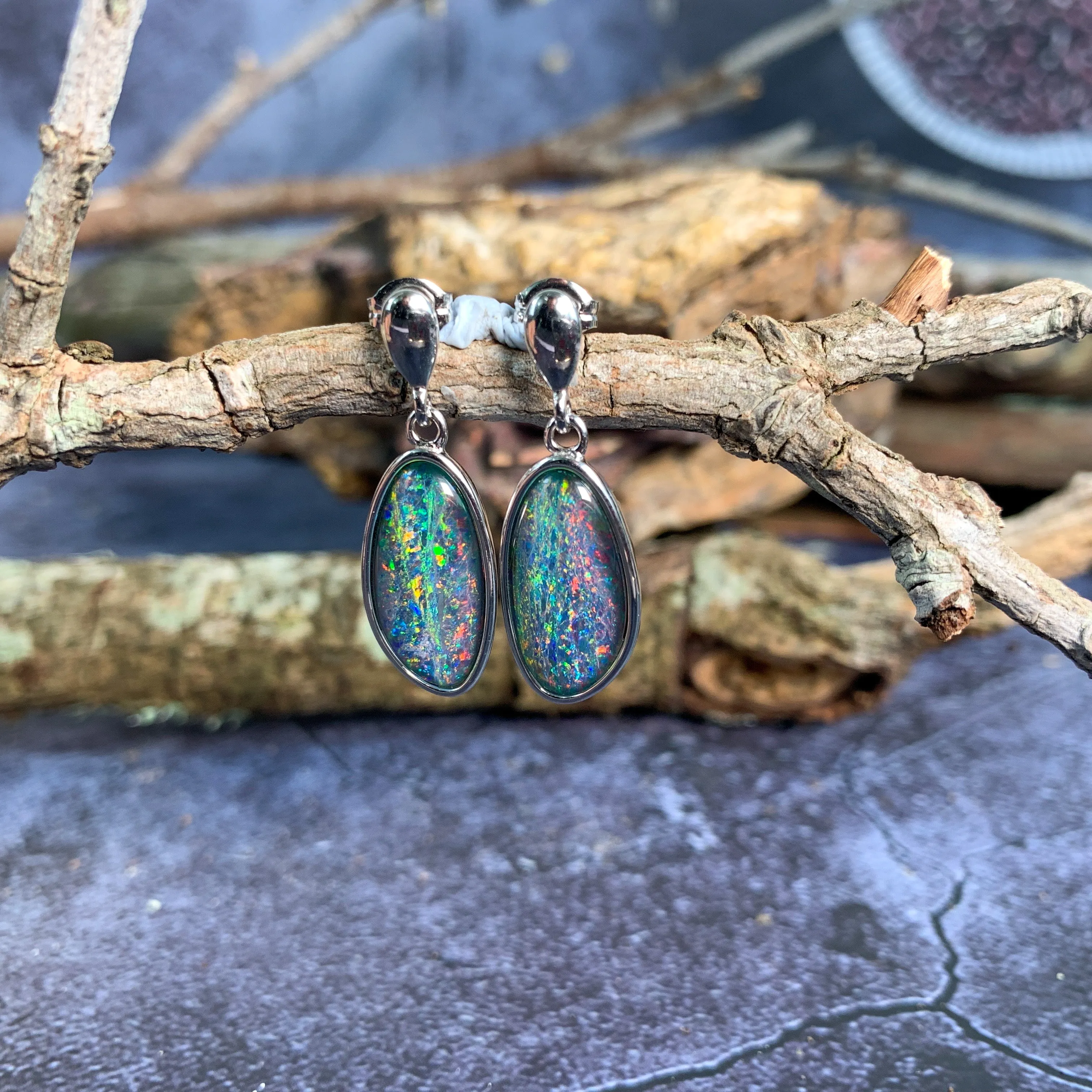 Sterling Silver dangling freeform Opal triplet earrings