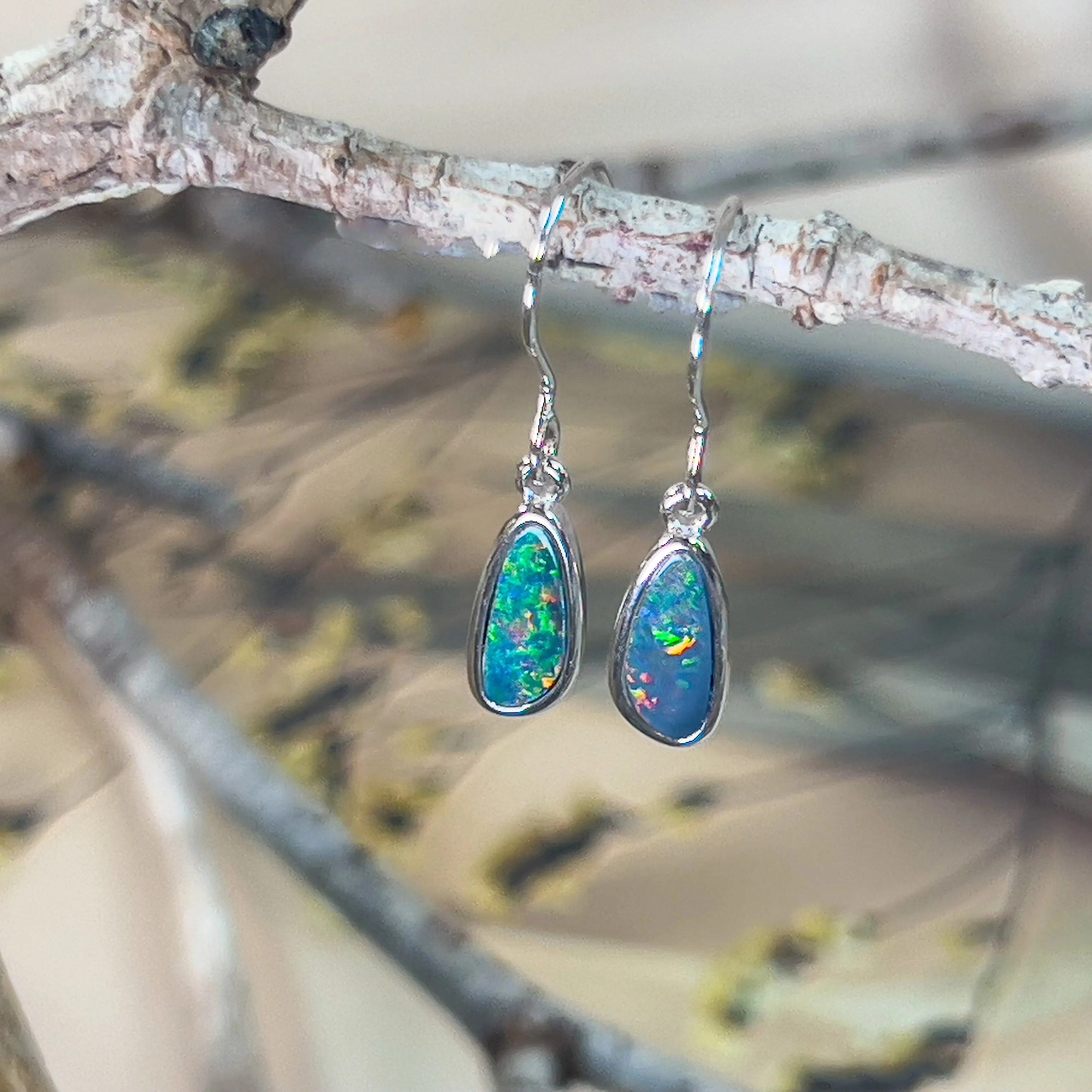 Sterling Silver dangling freeform triangle shape Opal doublet earrings
