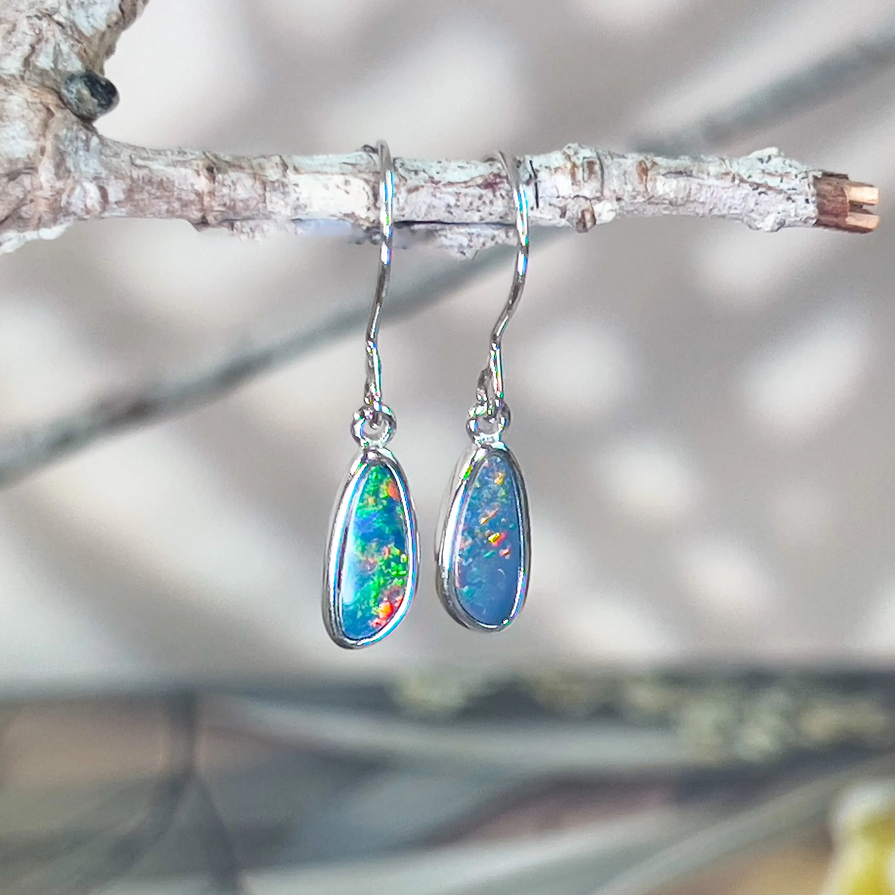 Sterling Silver dangling freeform triangle shape Opal doublet earrings