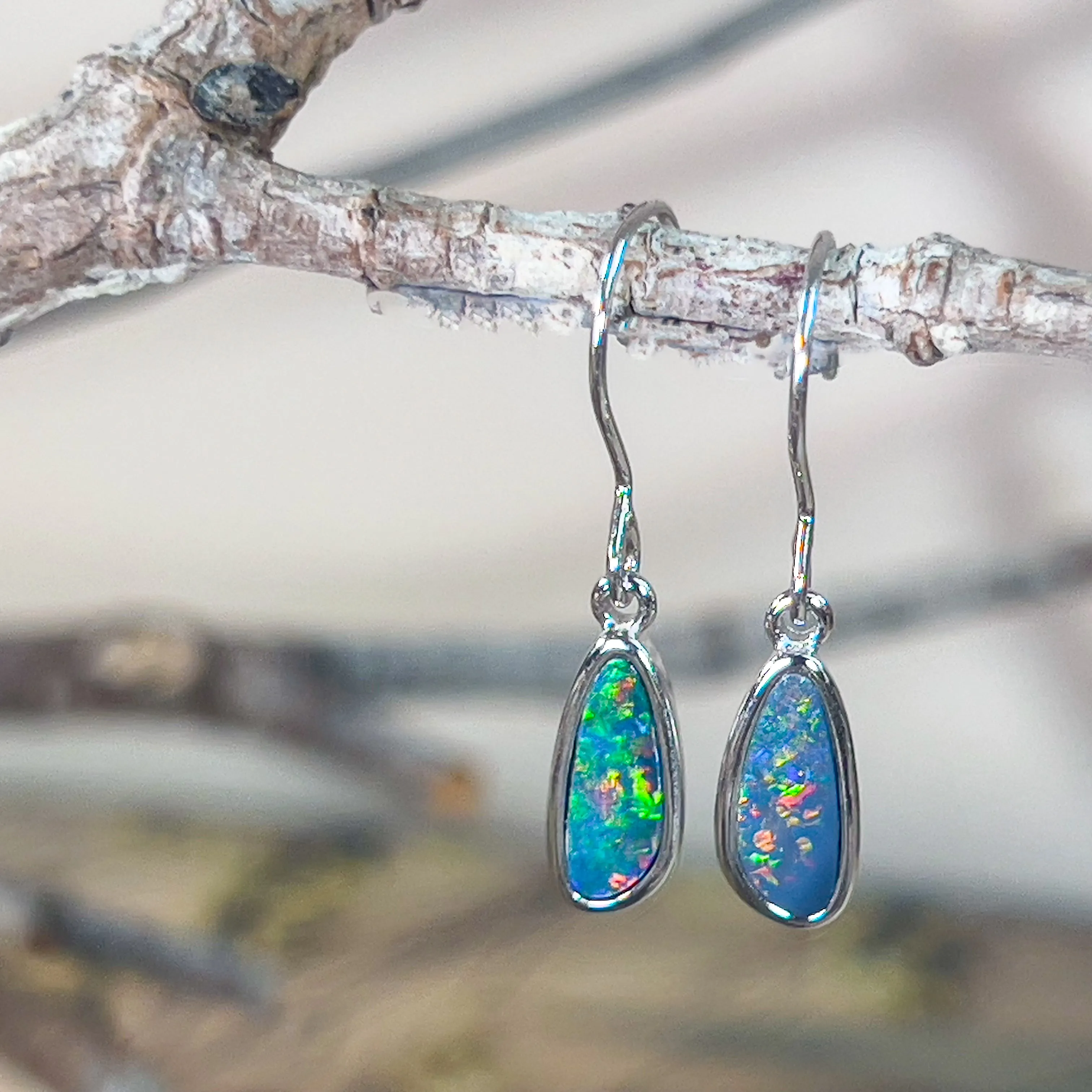 Sterling Silver dangling freeform triangle shape Opal doublet earrings