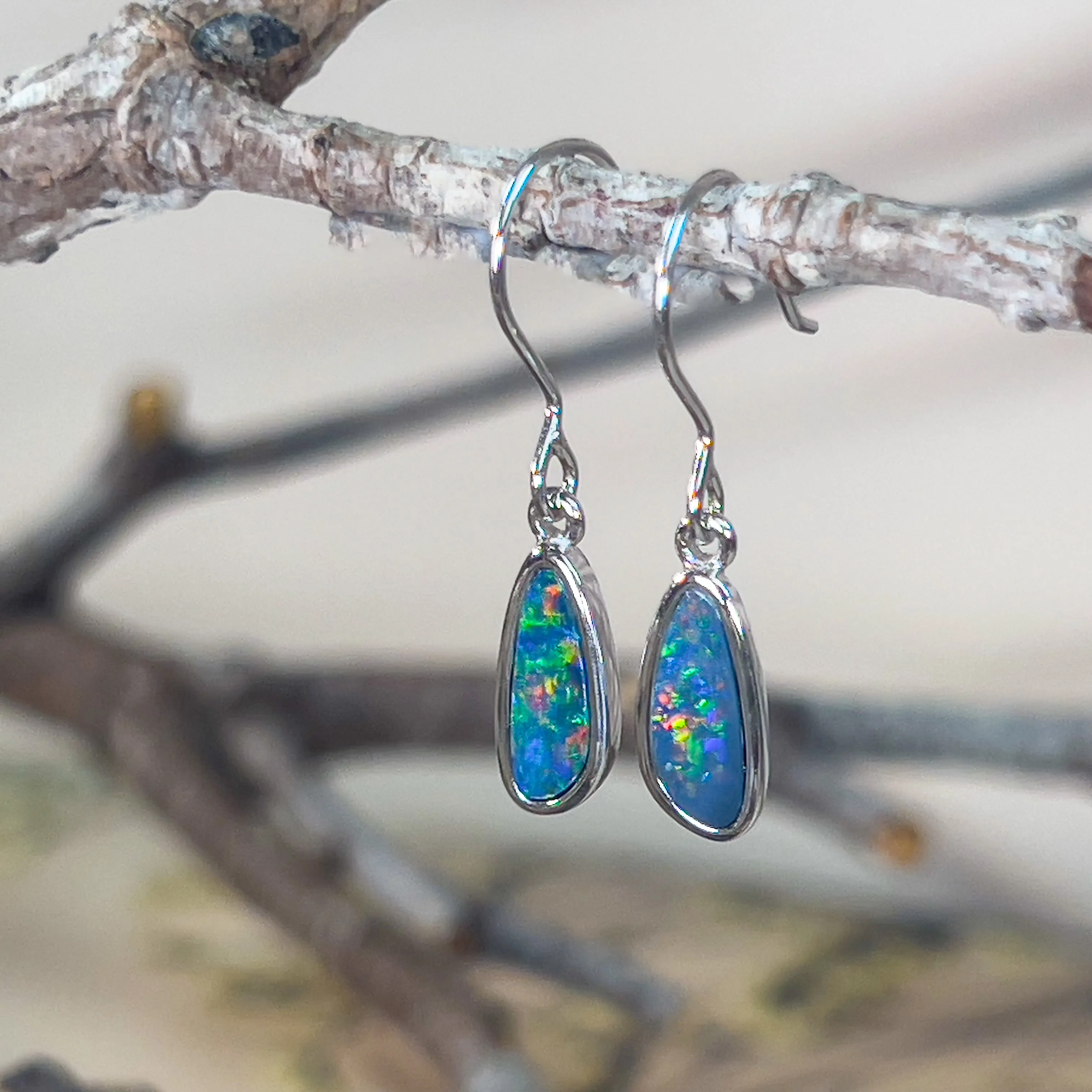 Sterling Silver dangling freeform triangle shape Opal doublet earrings