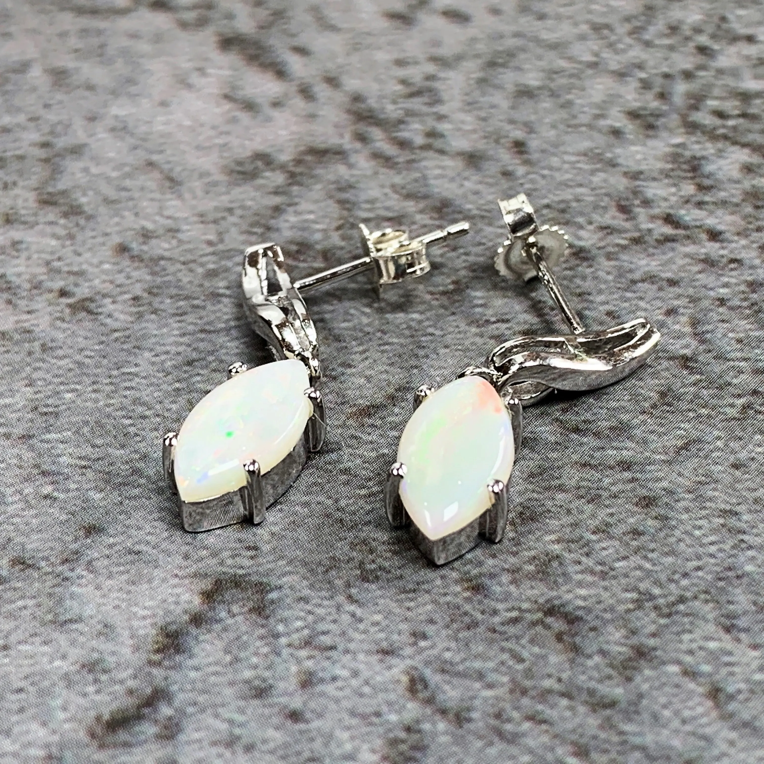 Sterling silver drop Marquise White Opals earrings