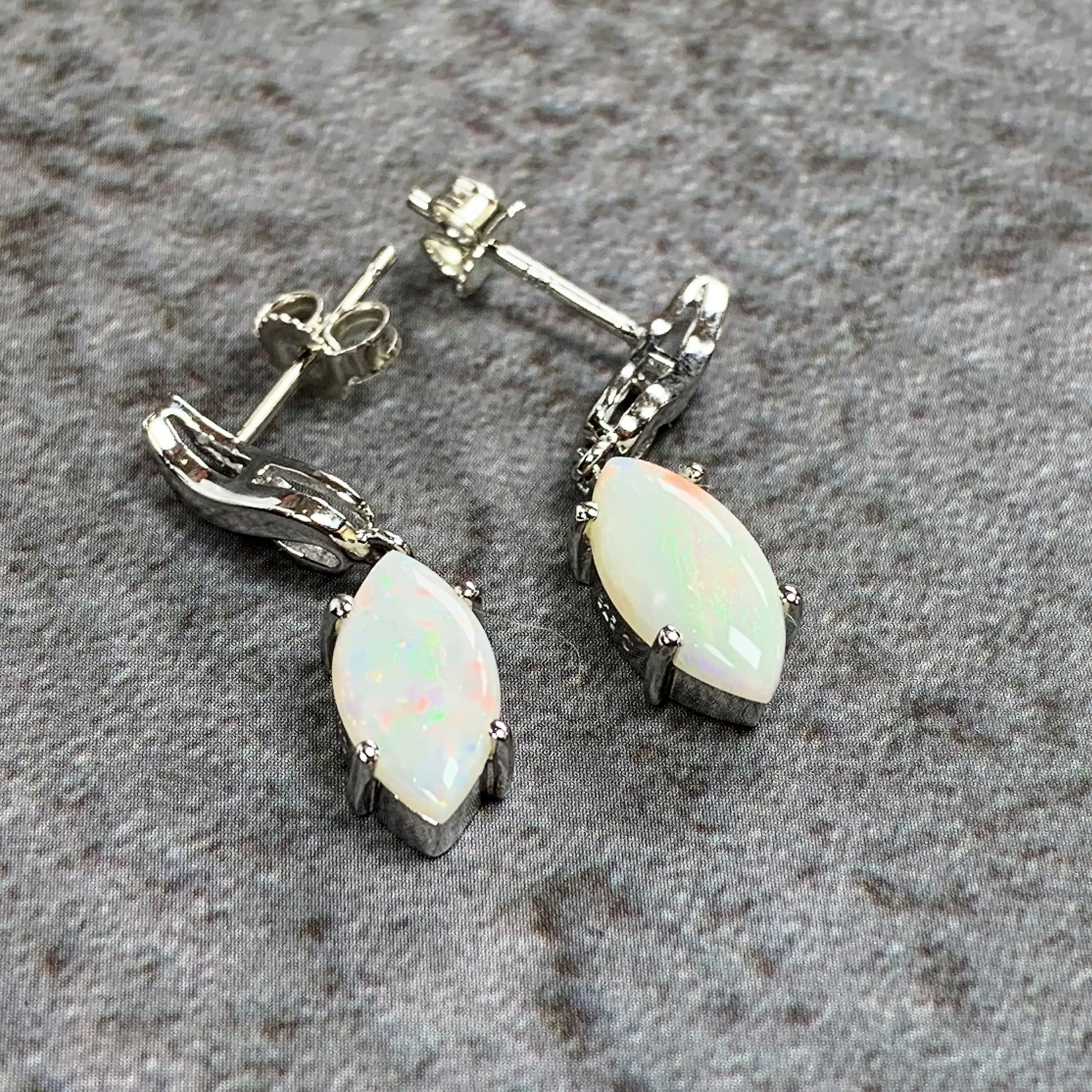Sterling silver drop Marquise White Opals earrings