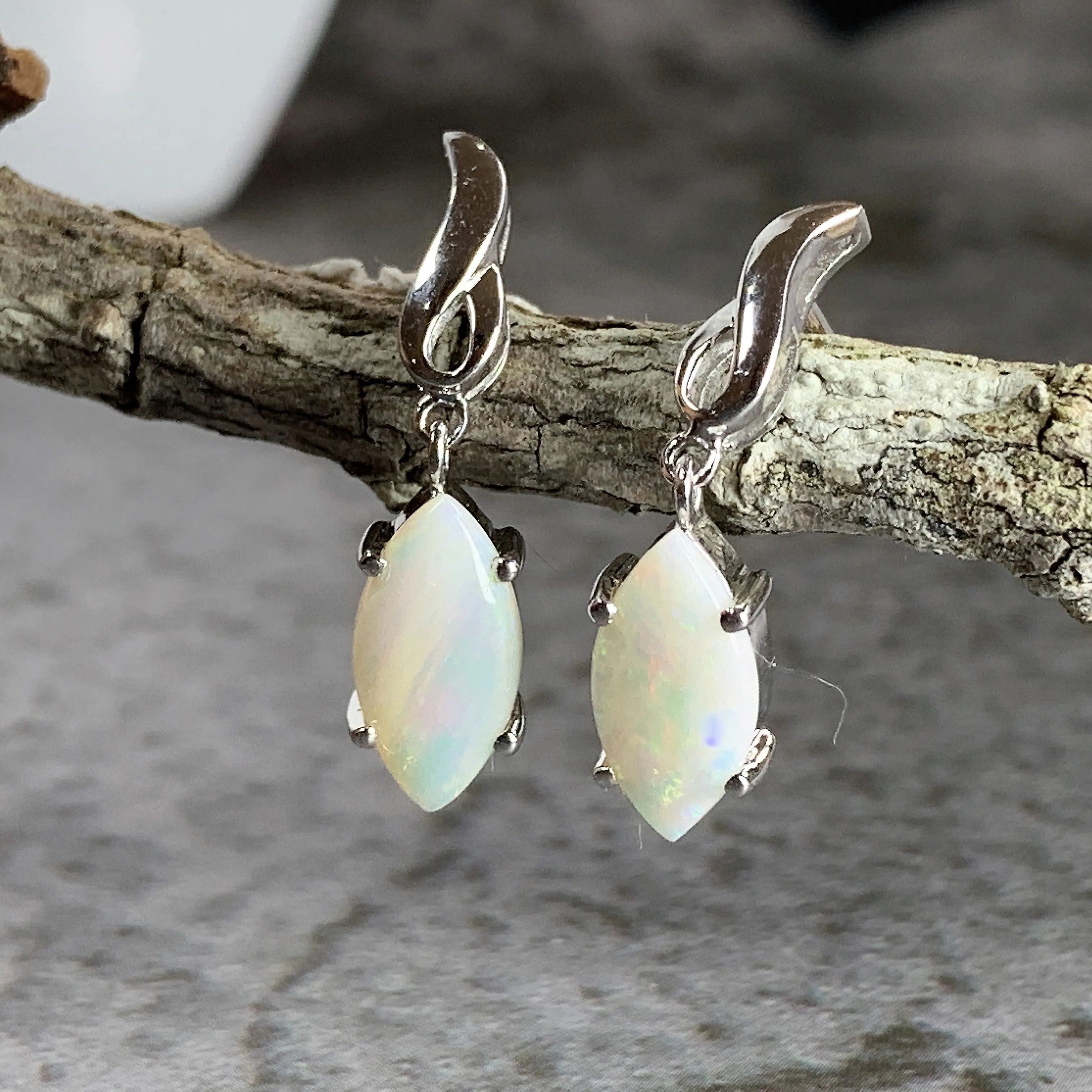 Sterling silver drop Marquise White Opals earrings
