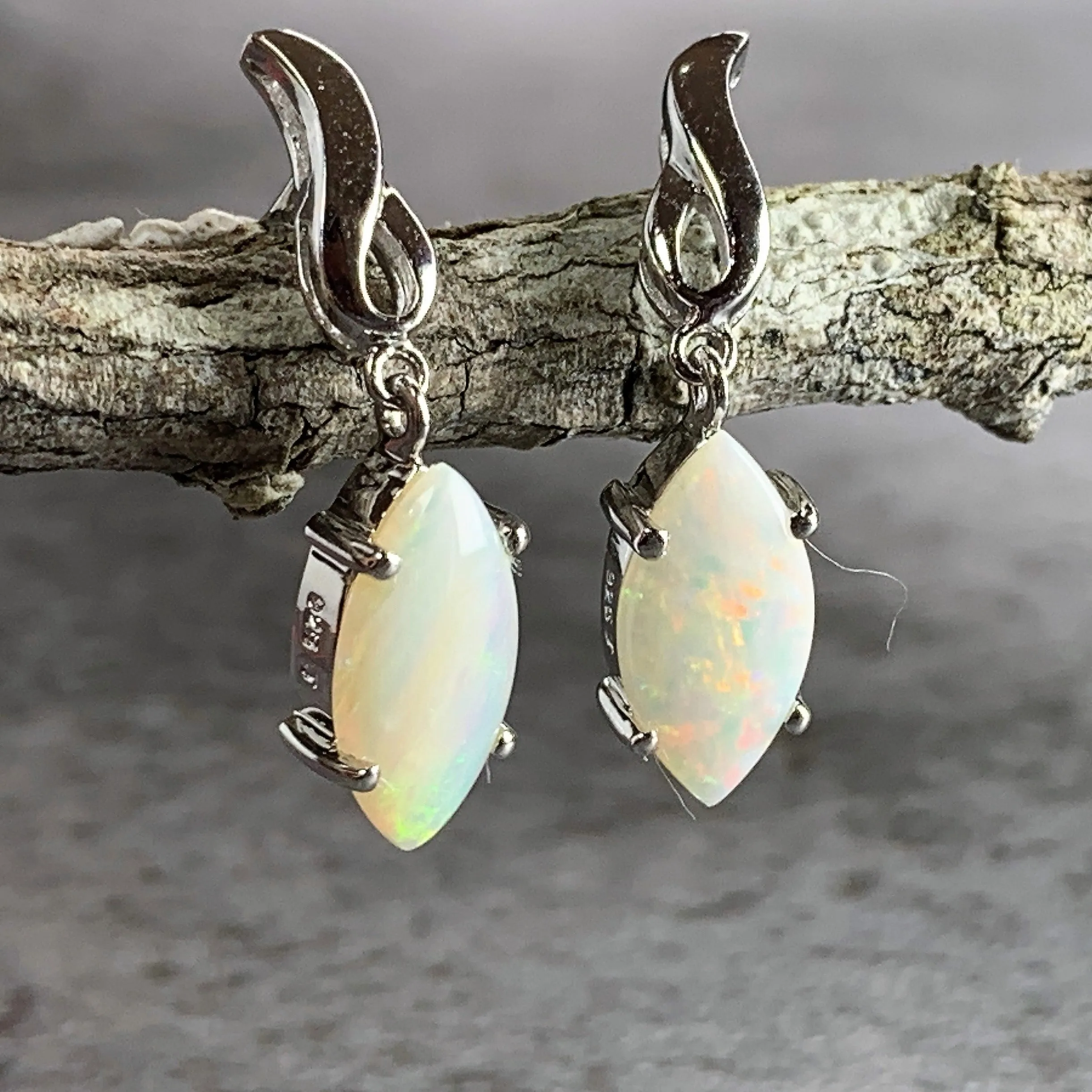 Sterling silver drop Marquise White Opals earrings