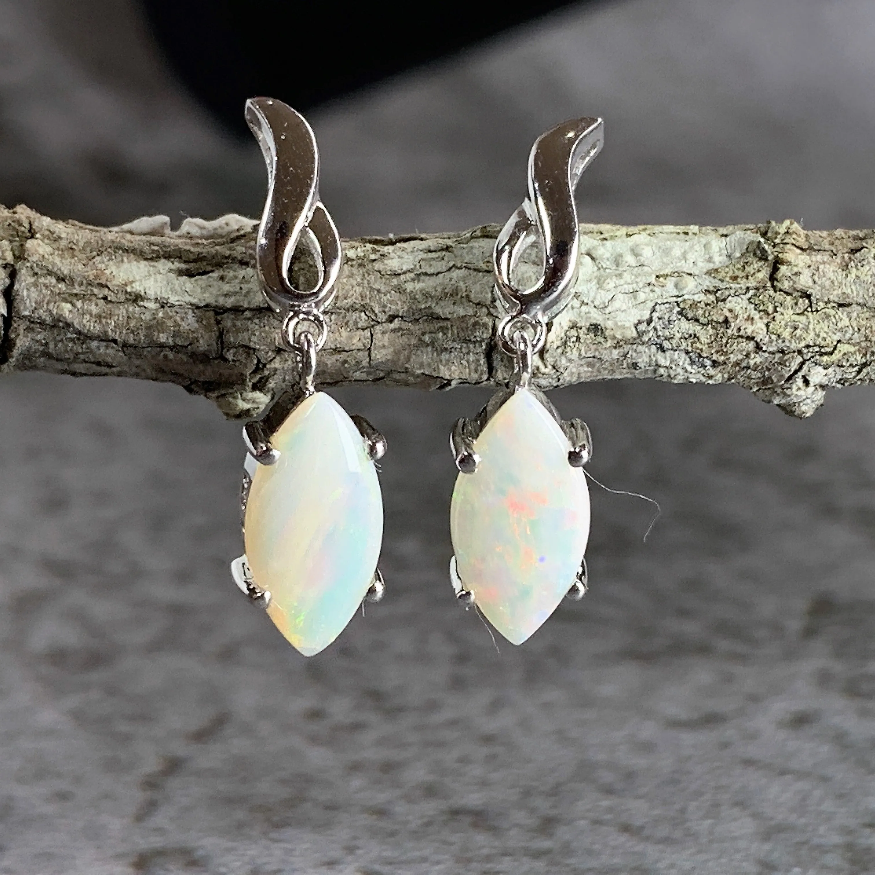 Sterling silver drop Marquise White Opals earrings