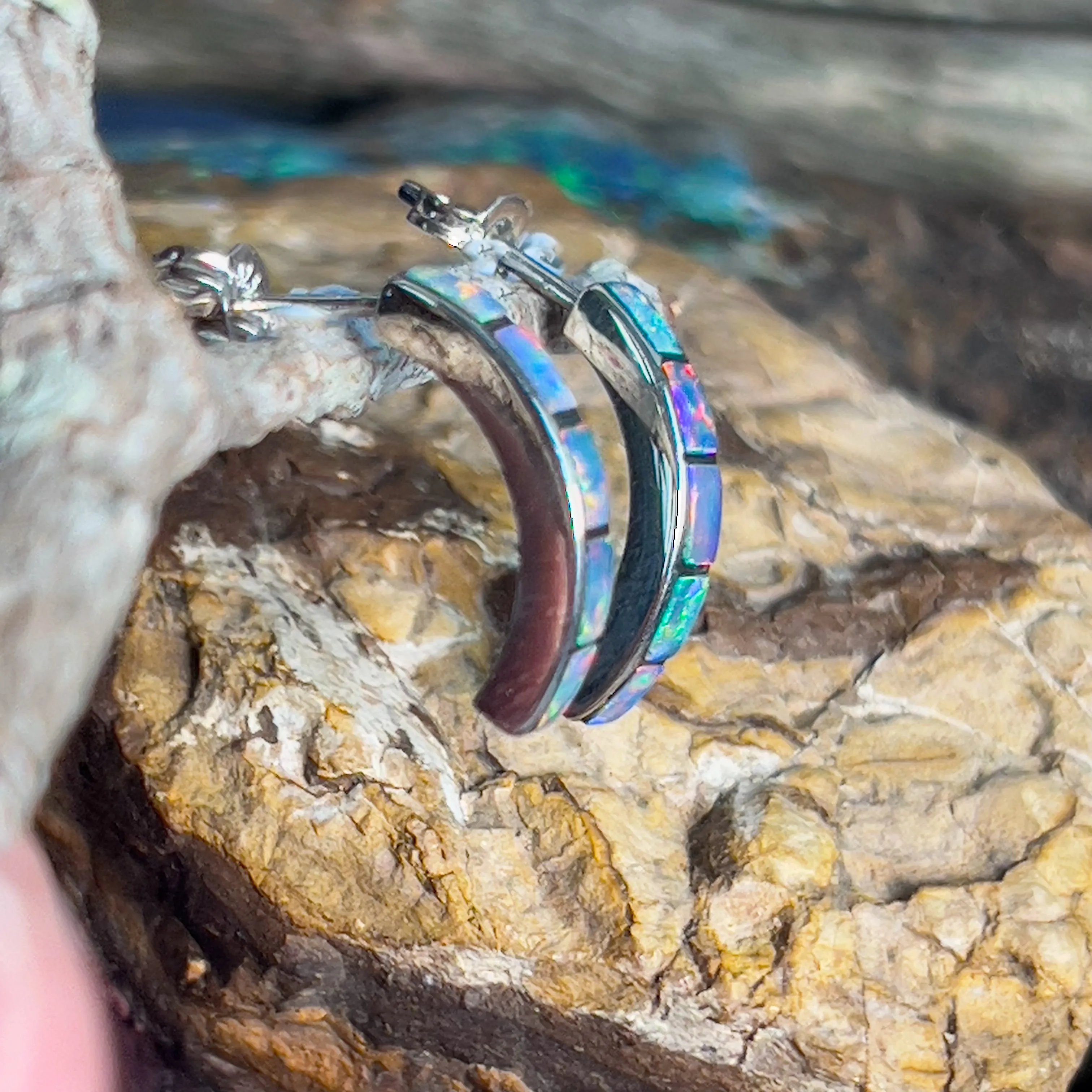 Sterling Silver Fire Opal inlay with blue straight huggie style earrings