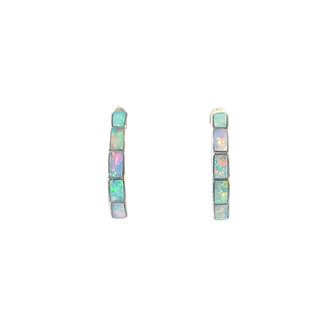 Sterling Silver Fire Opal inlay with blue straight huggie style earrings