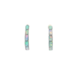 Sterling Silver Fire Opal inlay with blue straight huggie style earrings