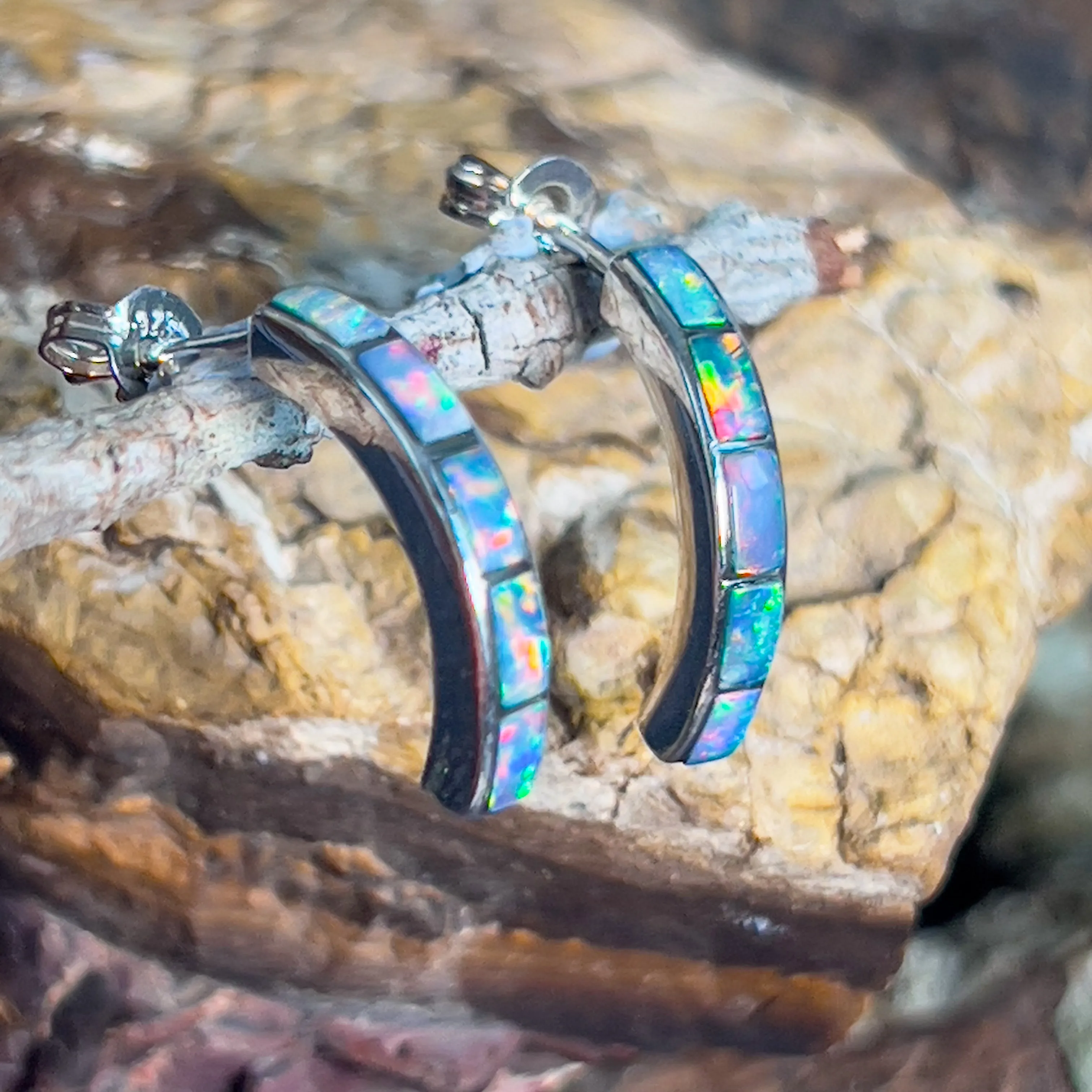 Sterling Silver Fire Opal inlay with blue straight huggie style earrings