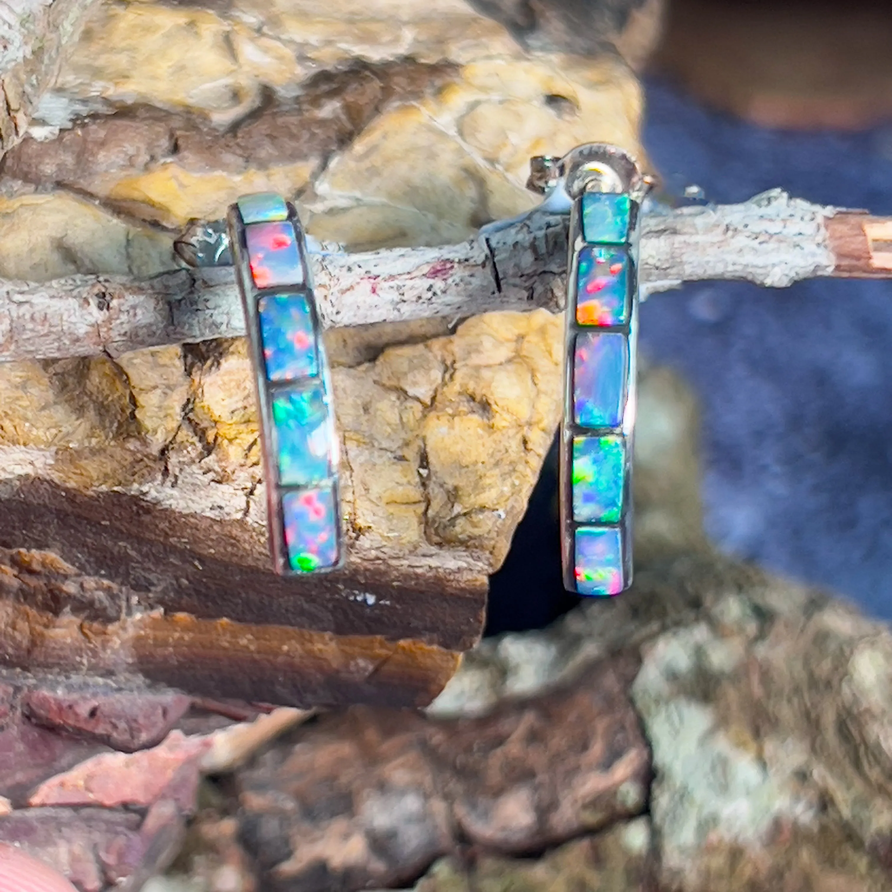 Sterling Silver Fire Opal inlay with blue straight huggie style earrings