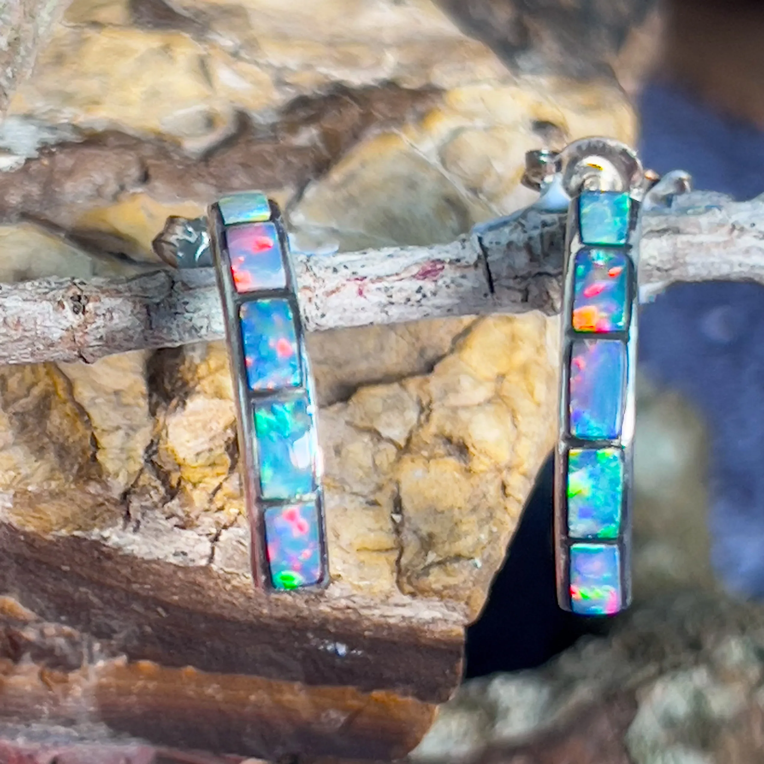 Sterling Silver Fire Opal inlay with blue straight huggie style earrings