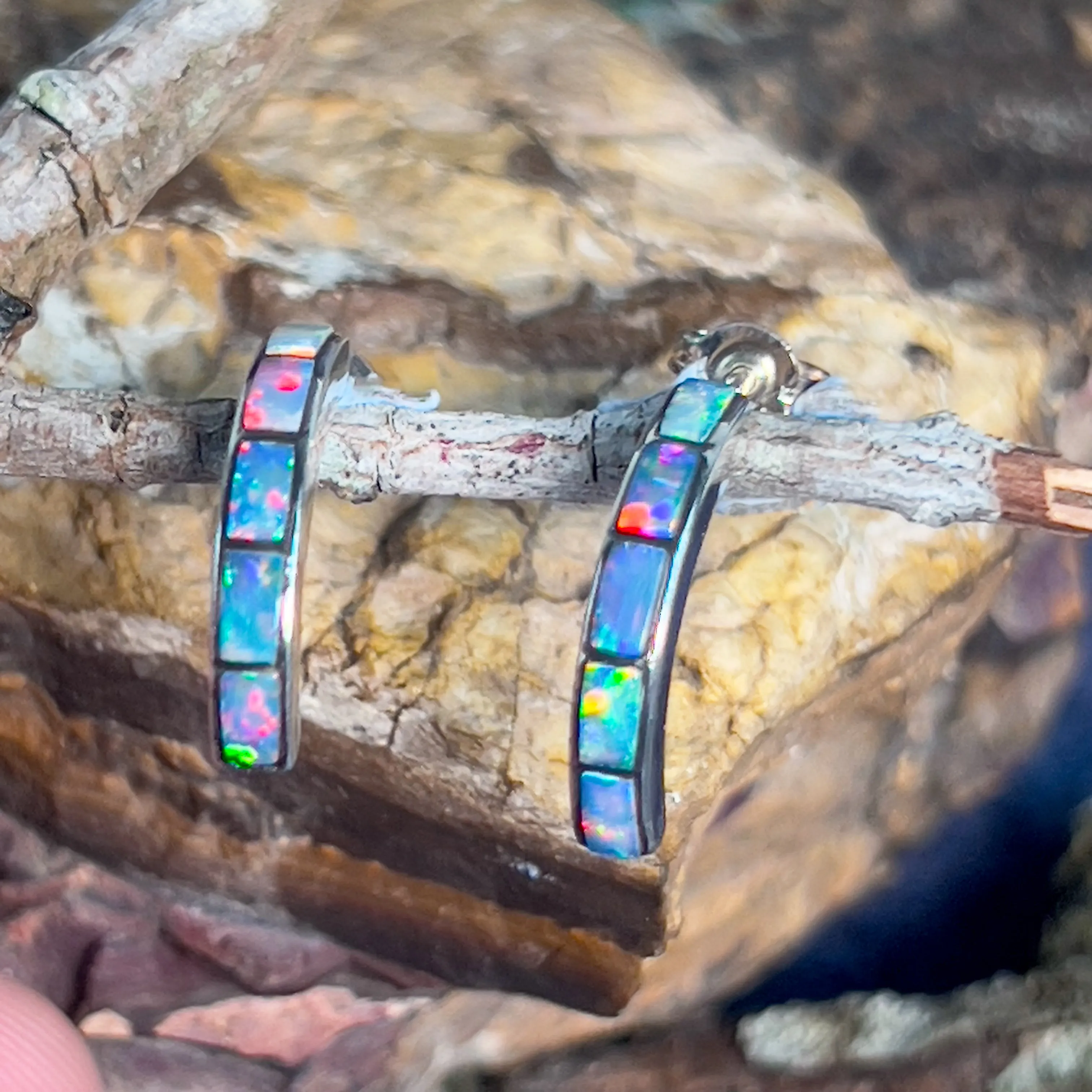 Sterling Silver Fire Opal inlay with blue straight huggie style earrings