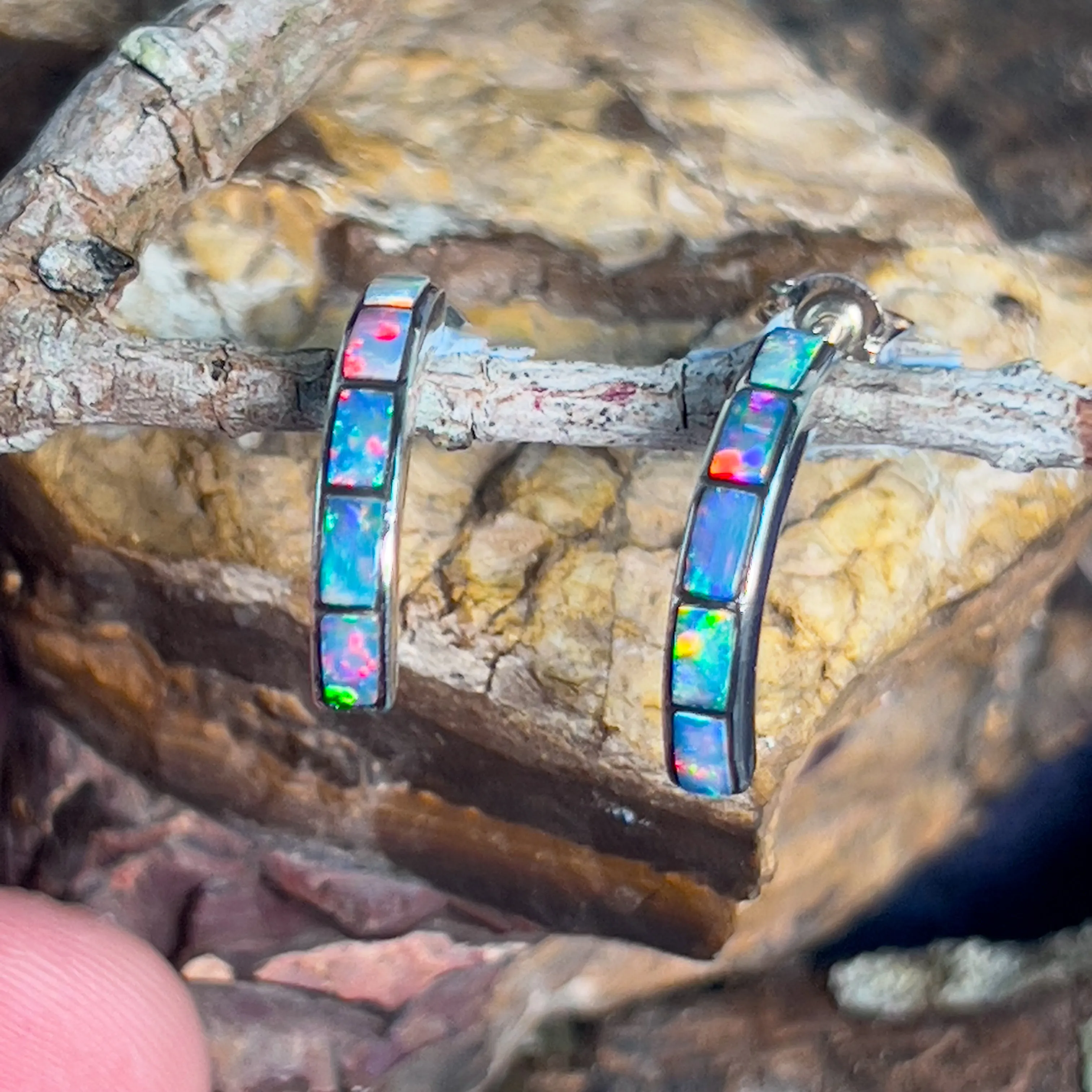 Sterling Silver Fire Opal inlay with blue straight huggie style earrings
