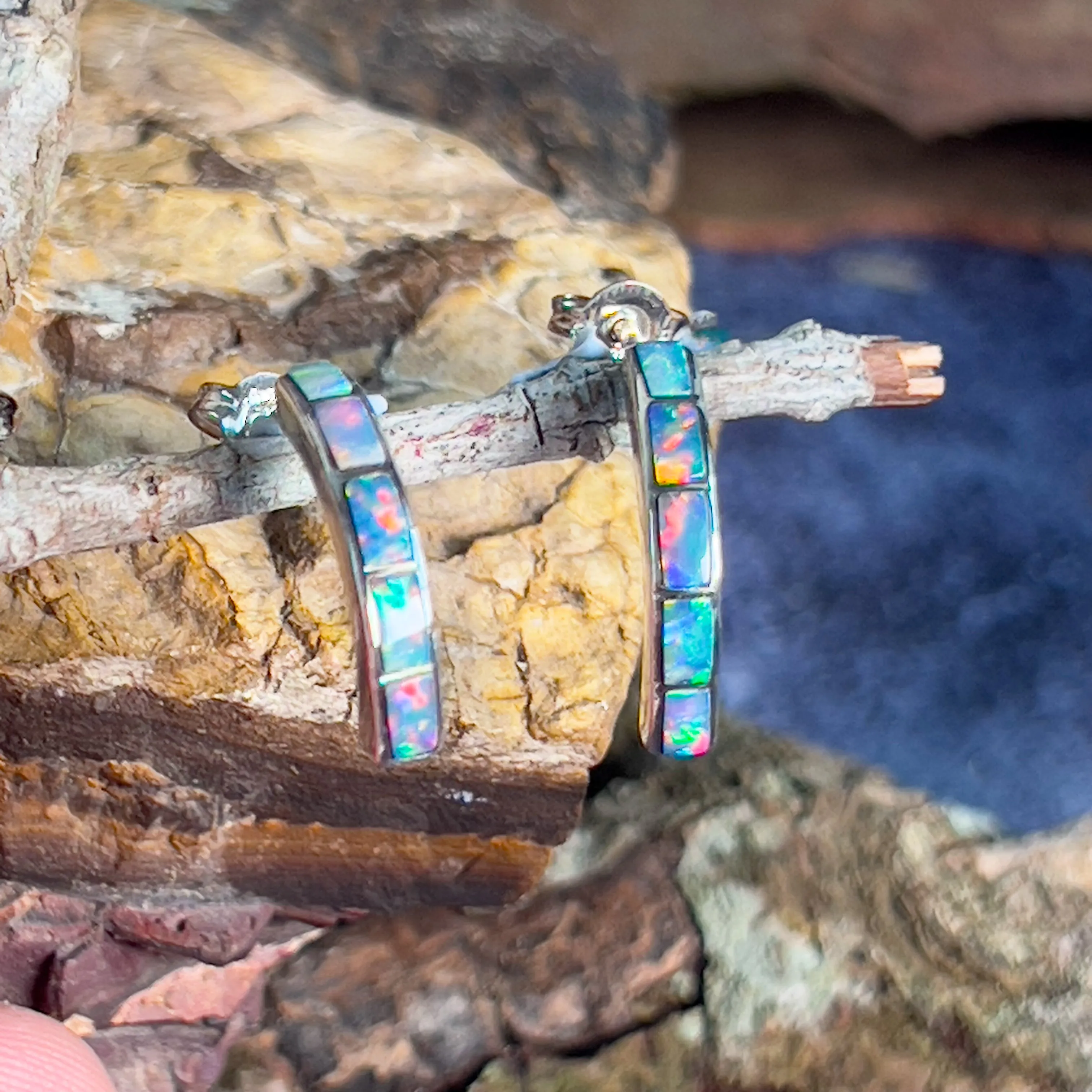 Sterling Silver Fire Opal inlay with blue straight huggie style earrings