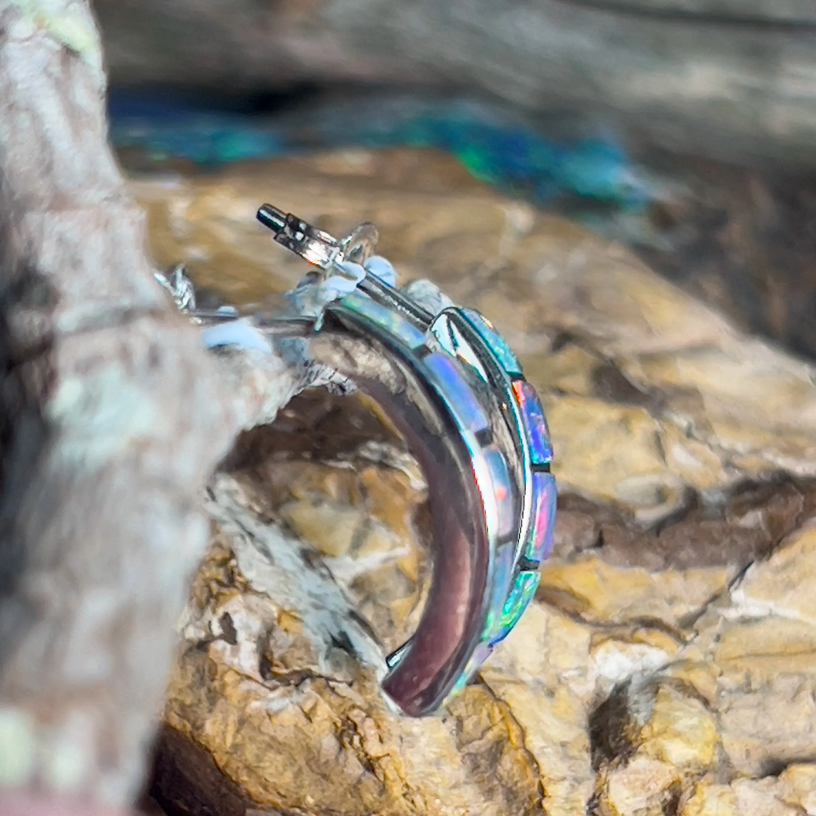 Sterling Silver Fire Opal inlay with blue straight huggie style earrings