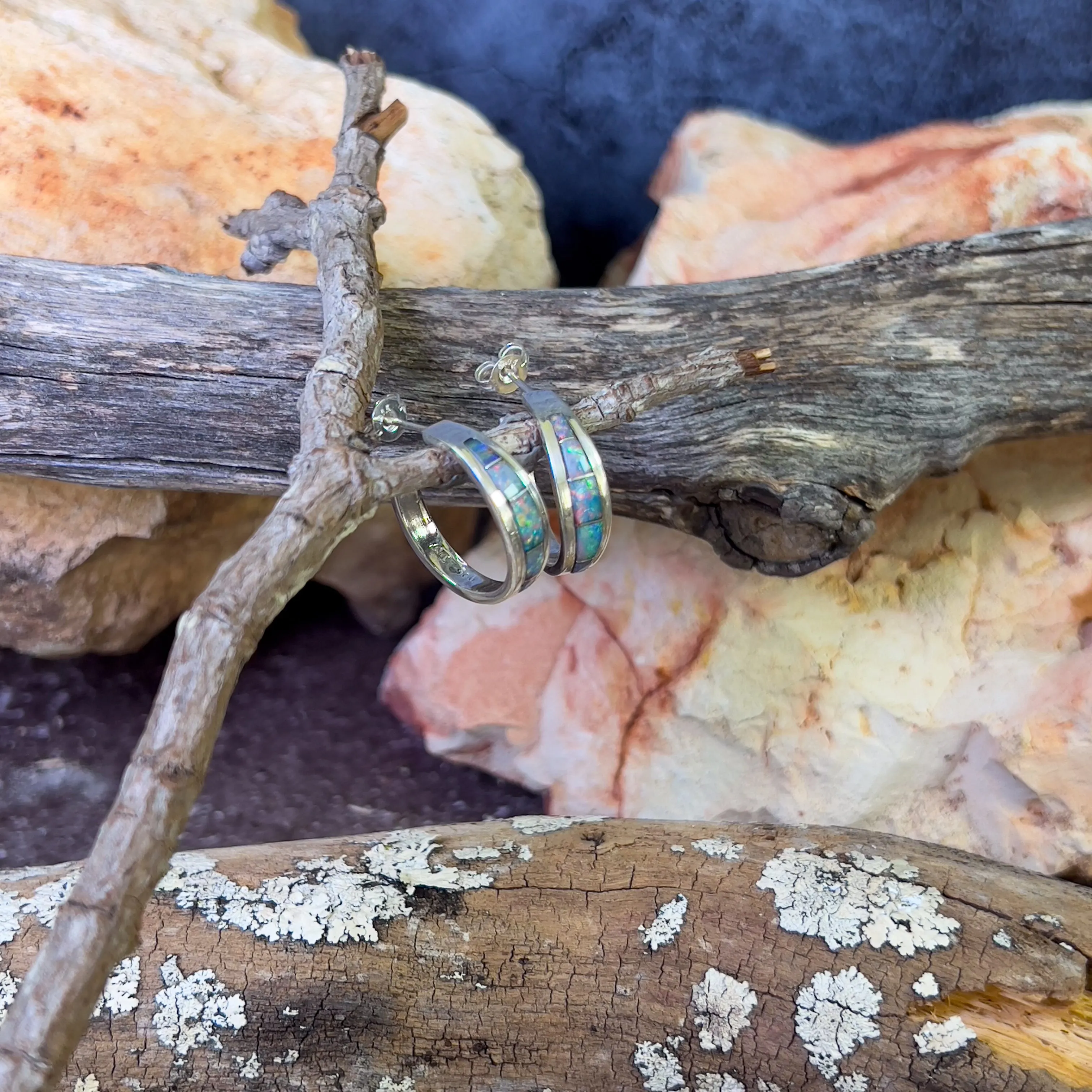 Sterling Silver Hoop style Opal inlay earrings