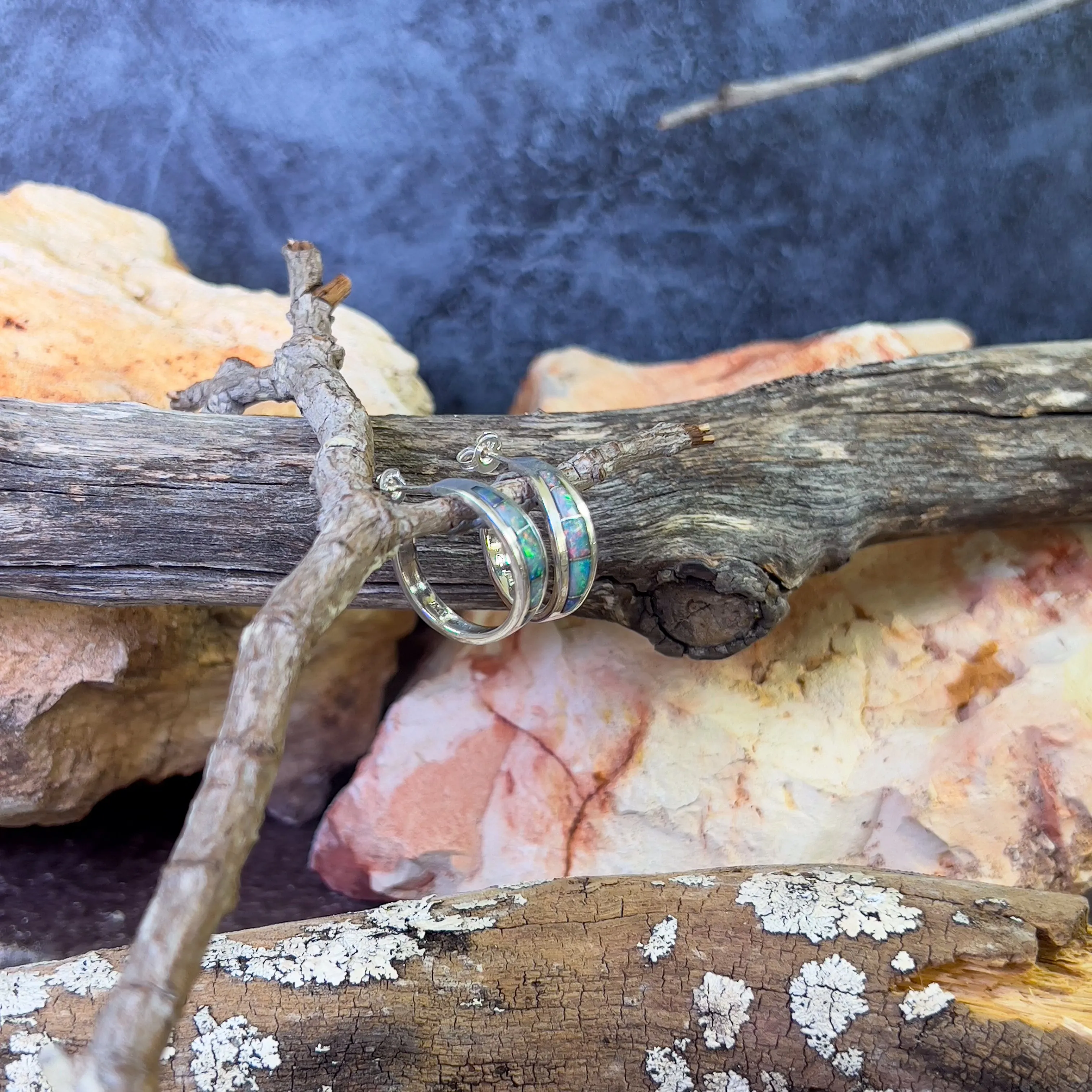 Sterling Silver Hoop style Opal inlay earrings