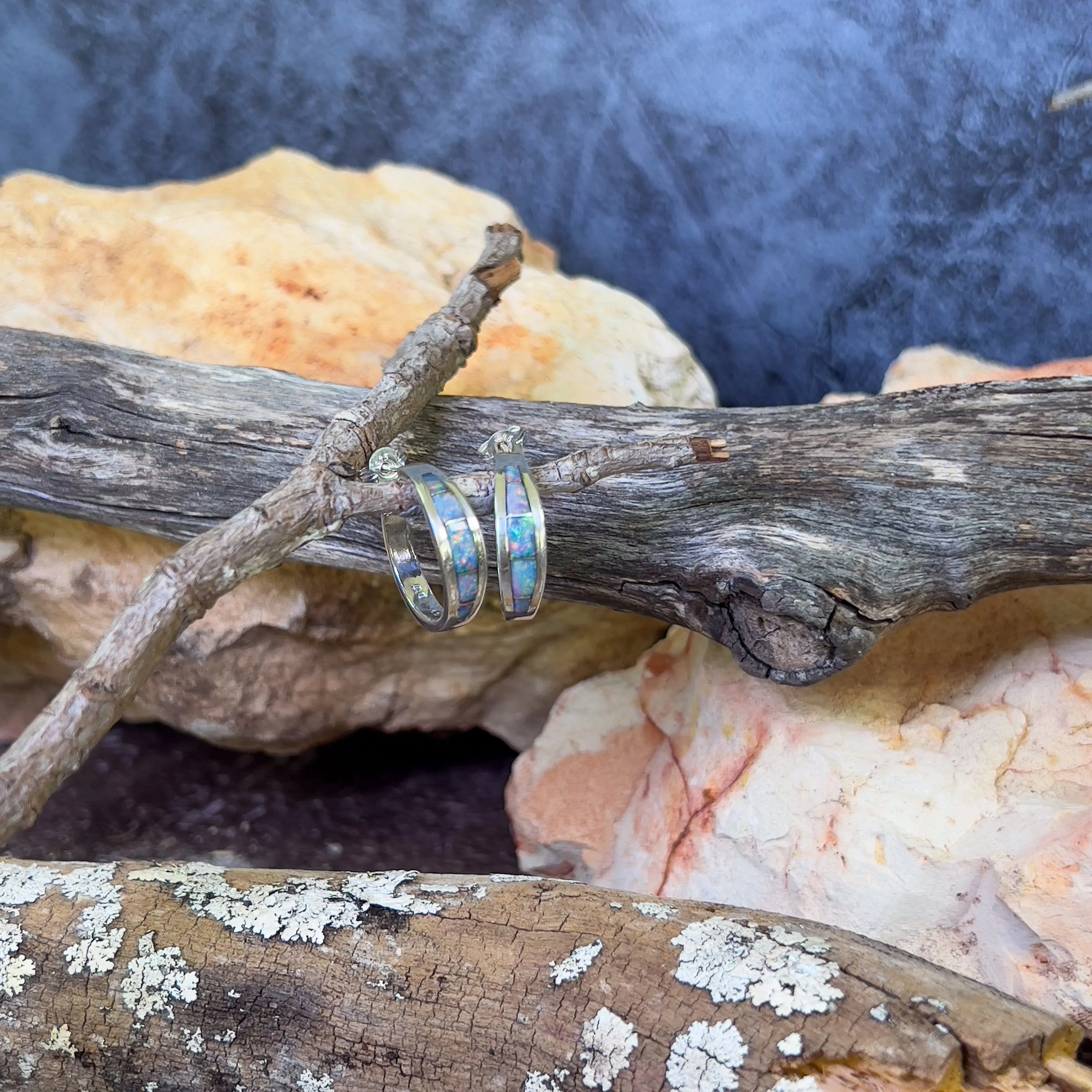 Sterling Silver Hoop style Opal inlay earrings