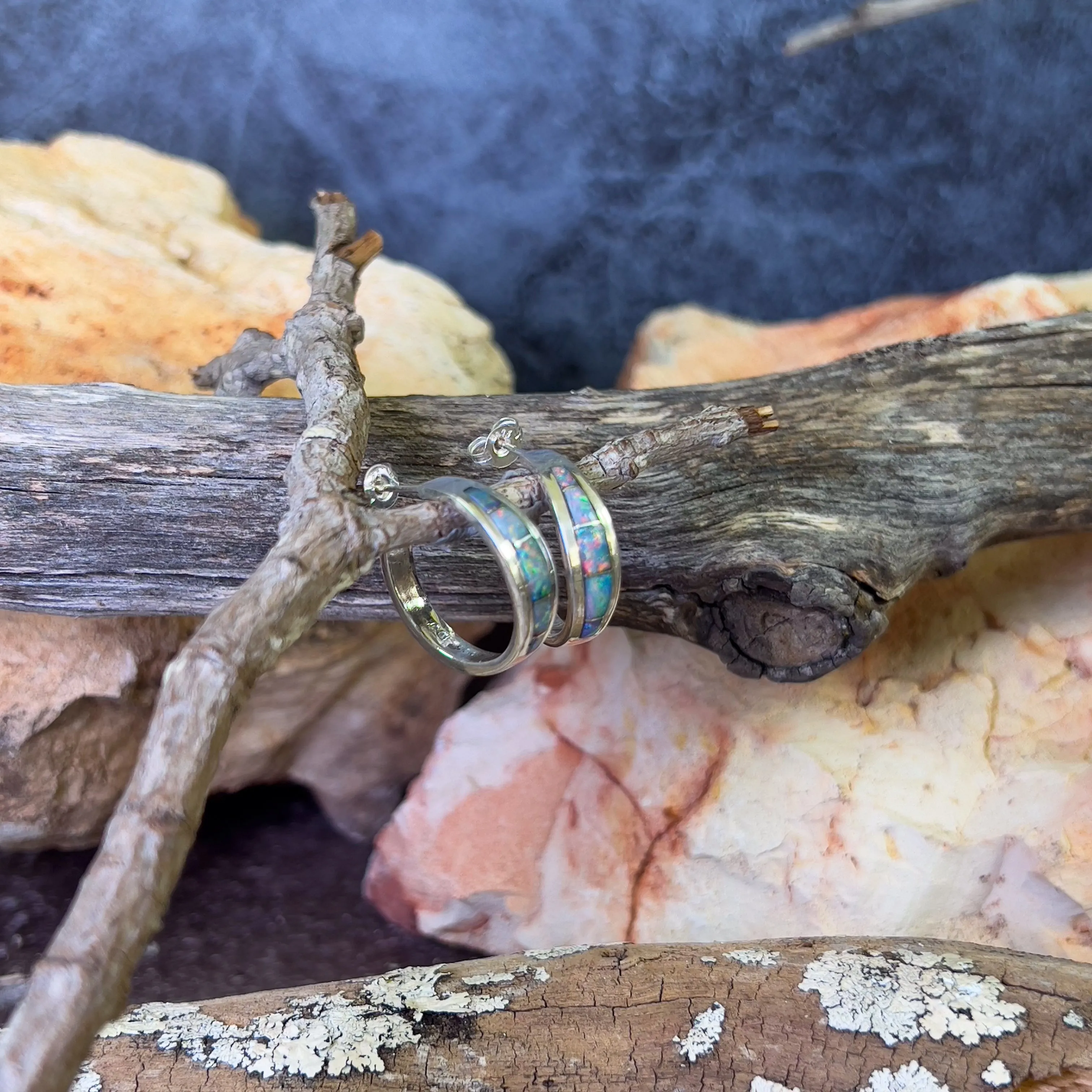 Sterling Silver Hoop style Opal inlay earrings