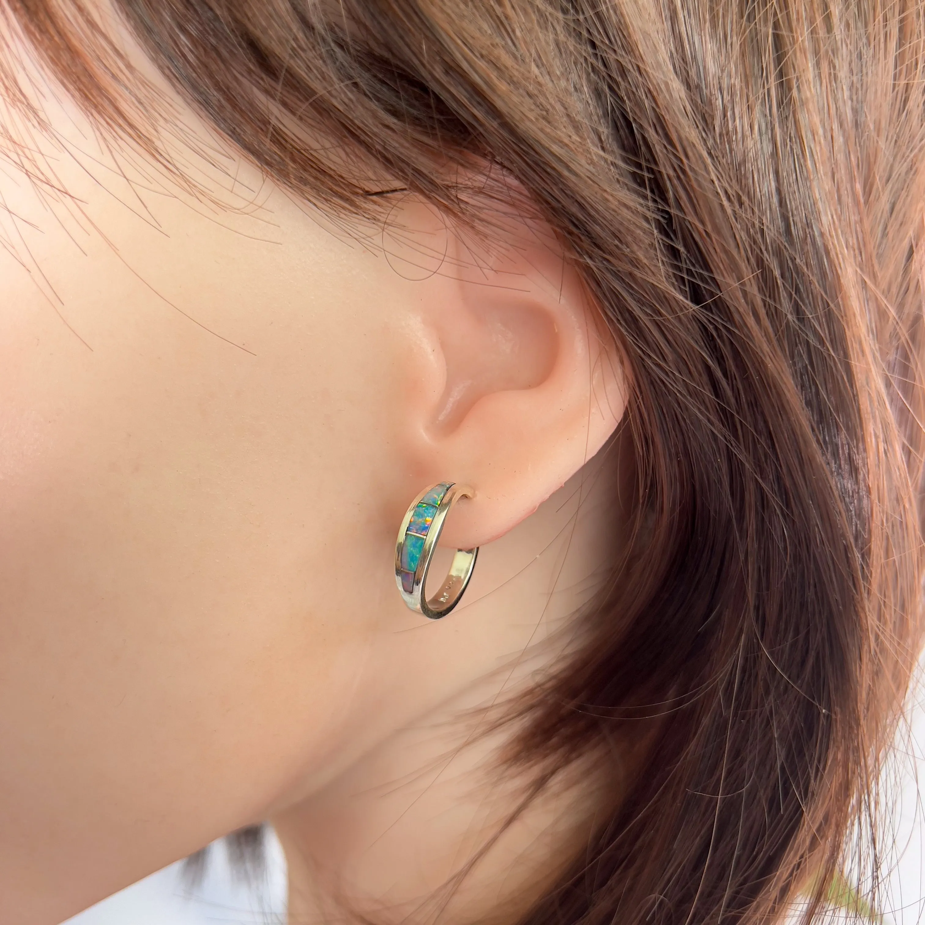 Sterling Silver Hoop style Opal inlay earrings
